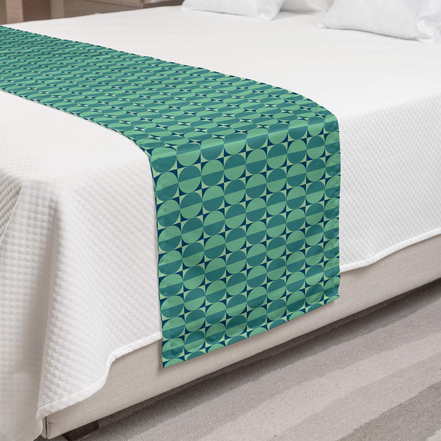 Ambesonne Geometric Bed Runner - Abstract Retro Circular Design in Square Frames, Decorative Accent Bed Scarf for Hotels, Homes & Guest Rooms (Cadet Blue & Laurel Green) - Perfect for Bedroom Decor, Sofa Cover or Table Runner