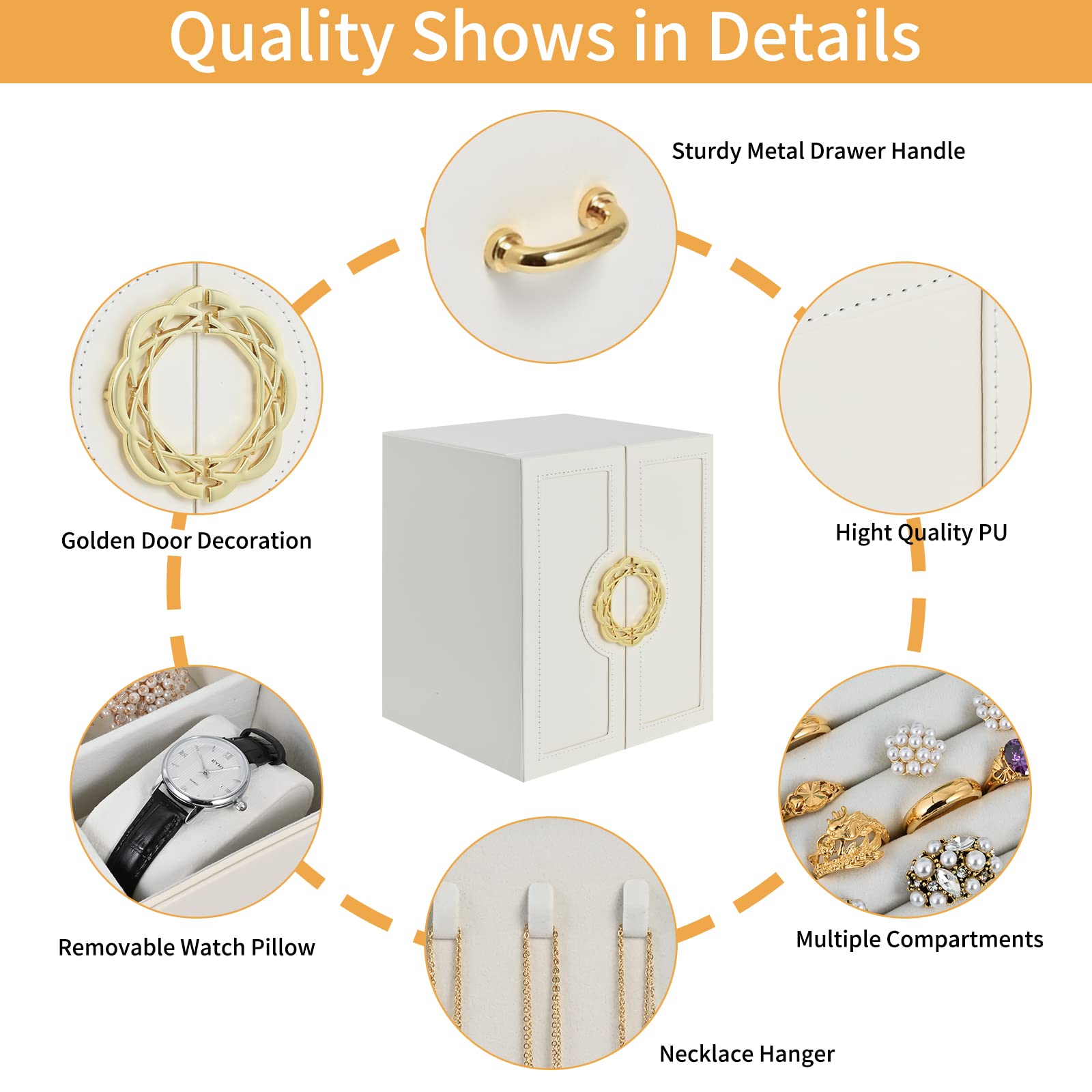 5-Tier Jewelry Organizer Box - Large White Synthetic Leather Storage Case with Drawers for Rings, Bracelets, Earrings, Necklaces, Watches & Sunglasses | Perfect for Women's Bedroom Vanity, Closet & Travel