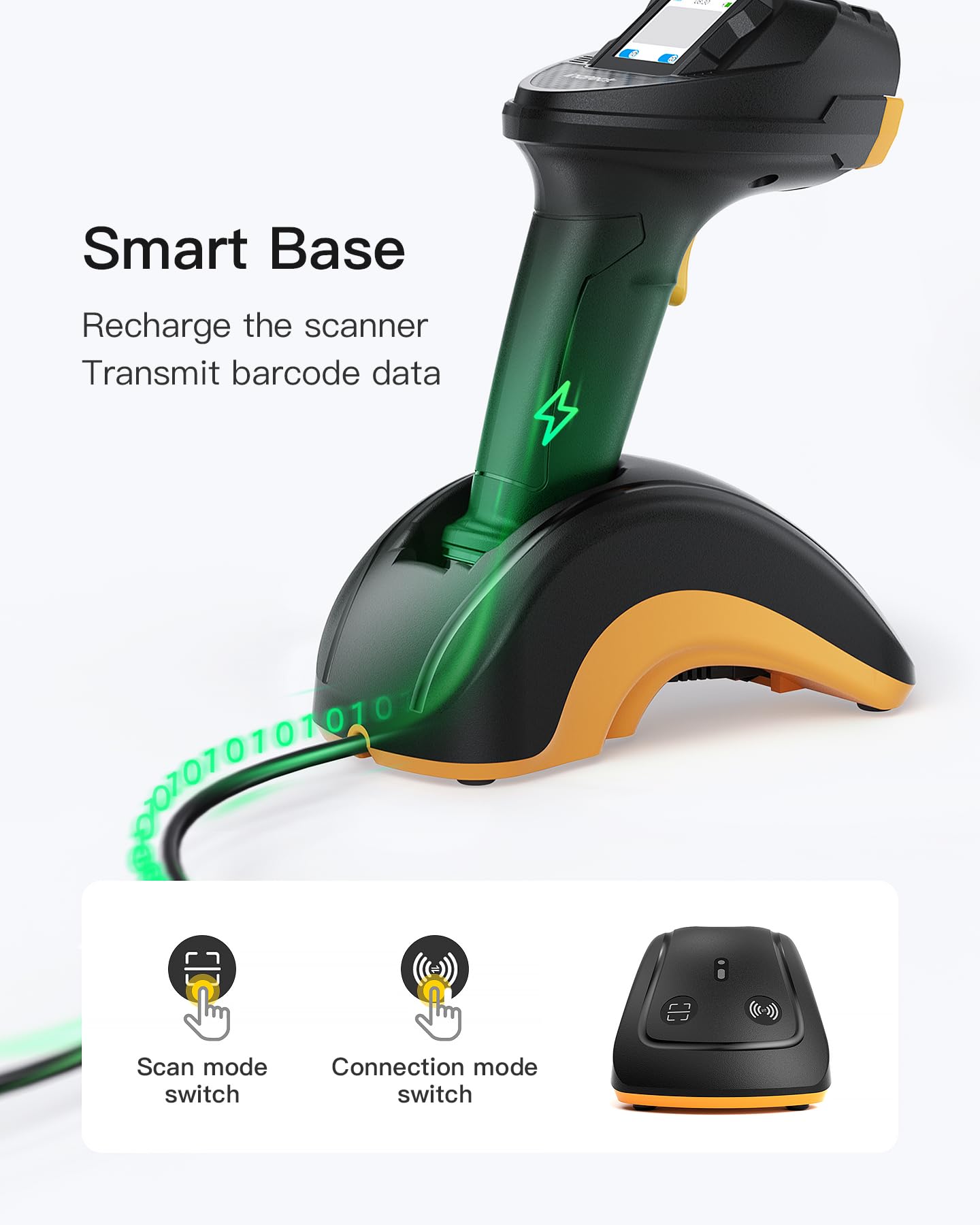Inateck Wireless Bluetooth Barcode Scanner - 2D/1D Handheld QR Code Reader with Touchscreen & Smart Base | CMOS+CCD Dual Modules | Extended Scanning Range | App SDK Support | Model P8 | Perfect for Retail Stores, Warehouses, and Inventory Management
