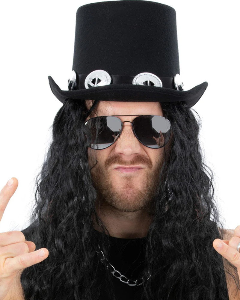 70s Glam Rock Hat with Hair & Sunglasses Set | Vintage Disco Costume Accessories for Halloween, Cosplay & Theme Parties