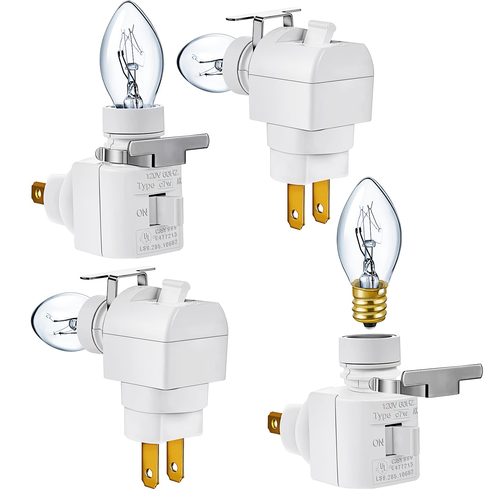 Fabbay 4-Pack Plug-in Night Lights with 7W E12 Bulbs - 120V Wall Outlet Nightlight with Metal Clips (White) - Perfect for Bedrooms, Hallways, and Nurseries