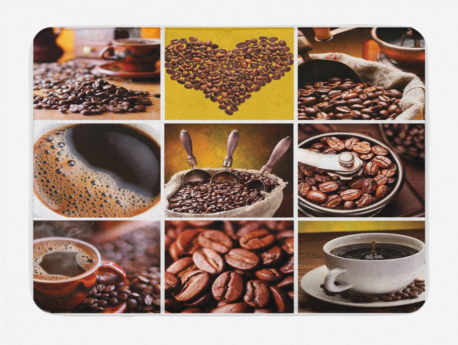 Ambesonne Coffee Themed Bath Mat - Non-Slip Plush Bathroom Rug with Photographic Grid Collage Design, 30.2 x 20 Inches, Brown Mustard - Perfect for Coffee Shops, Cafes & Cozy Home Bathrooms