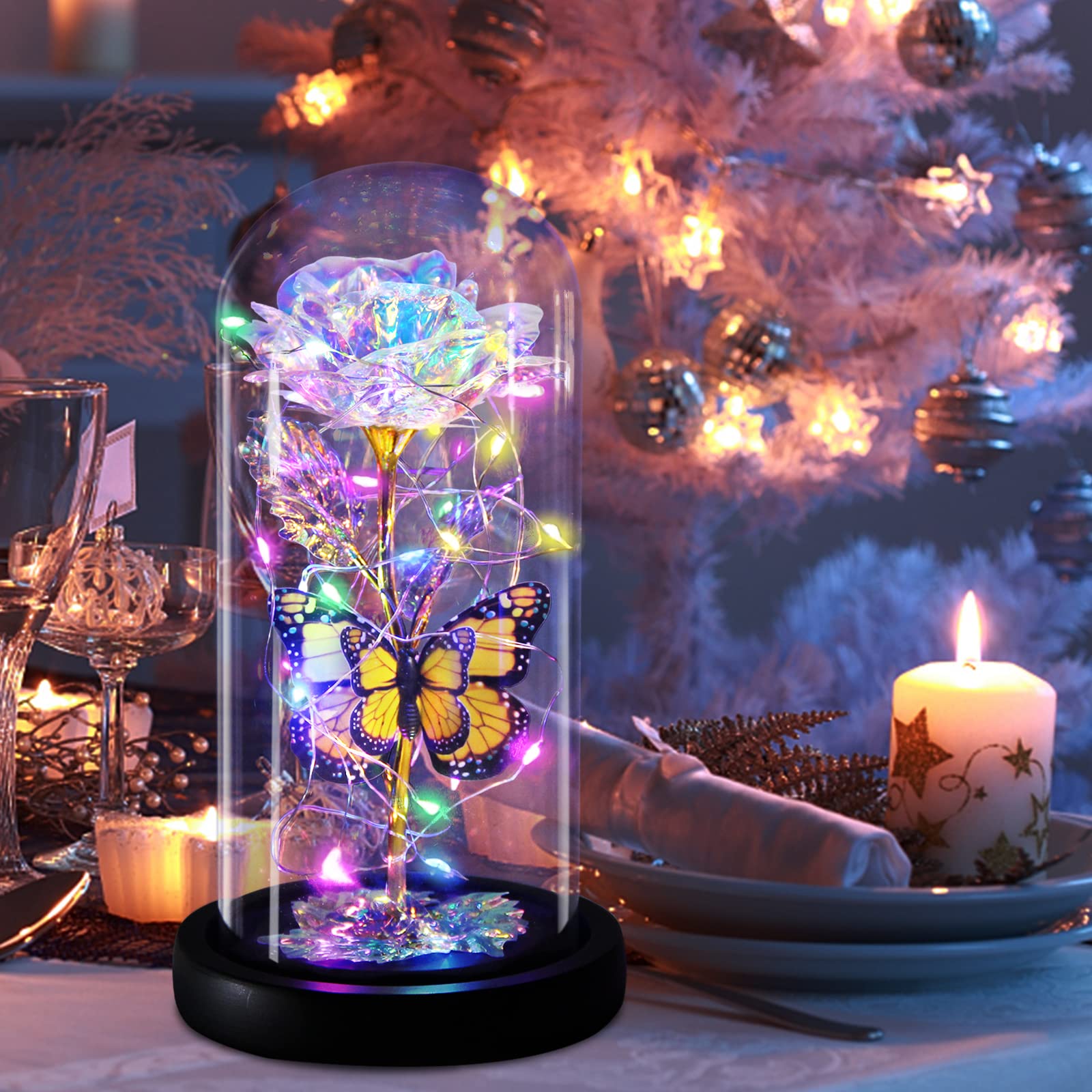 Galaxy Butterfly Rose in Glass Dome - Light Up Forever Rose Gift for Women, Mom, Grandma, Wife | Birthday, Mother's Day, Valentine's, Anniversary & Thanksgiving Present | Romantic Home Decor & Special Occasion Gift Idea
