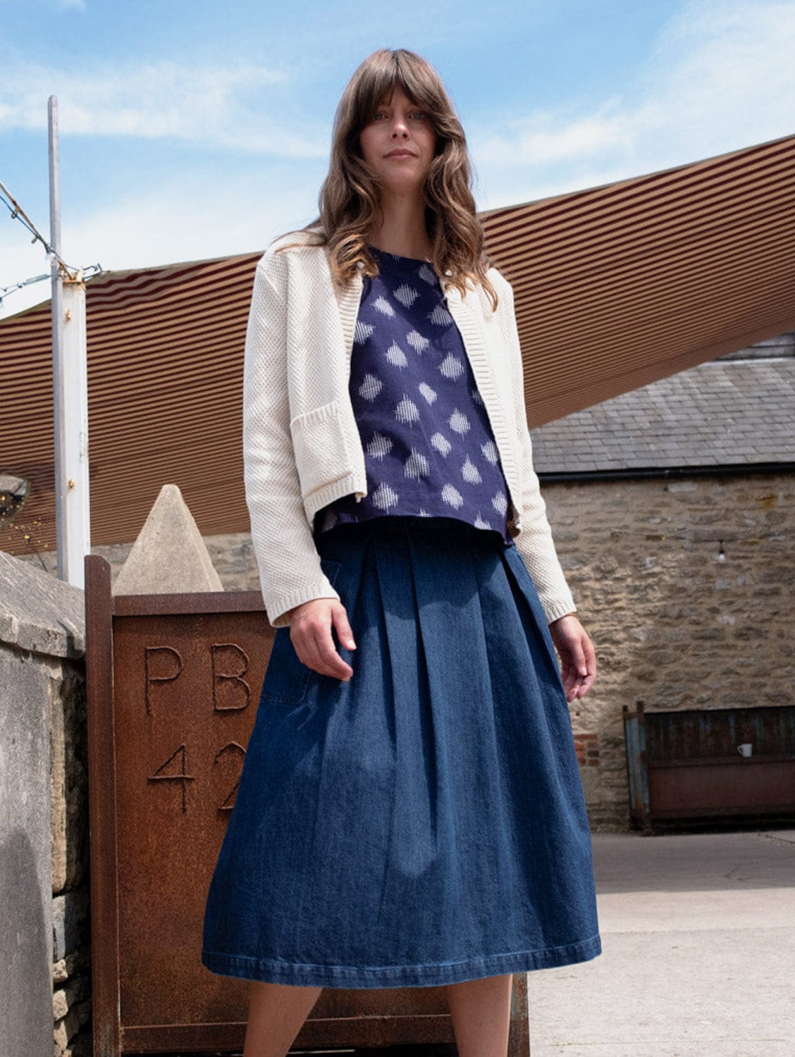 Elsie Women's Cotton Midi Skirt - Blue Denim A-Line Skirt for Casual Wear, Office & Summer Outfits | Comfortable Stretch Waist Skirt