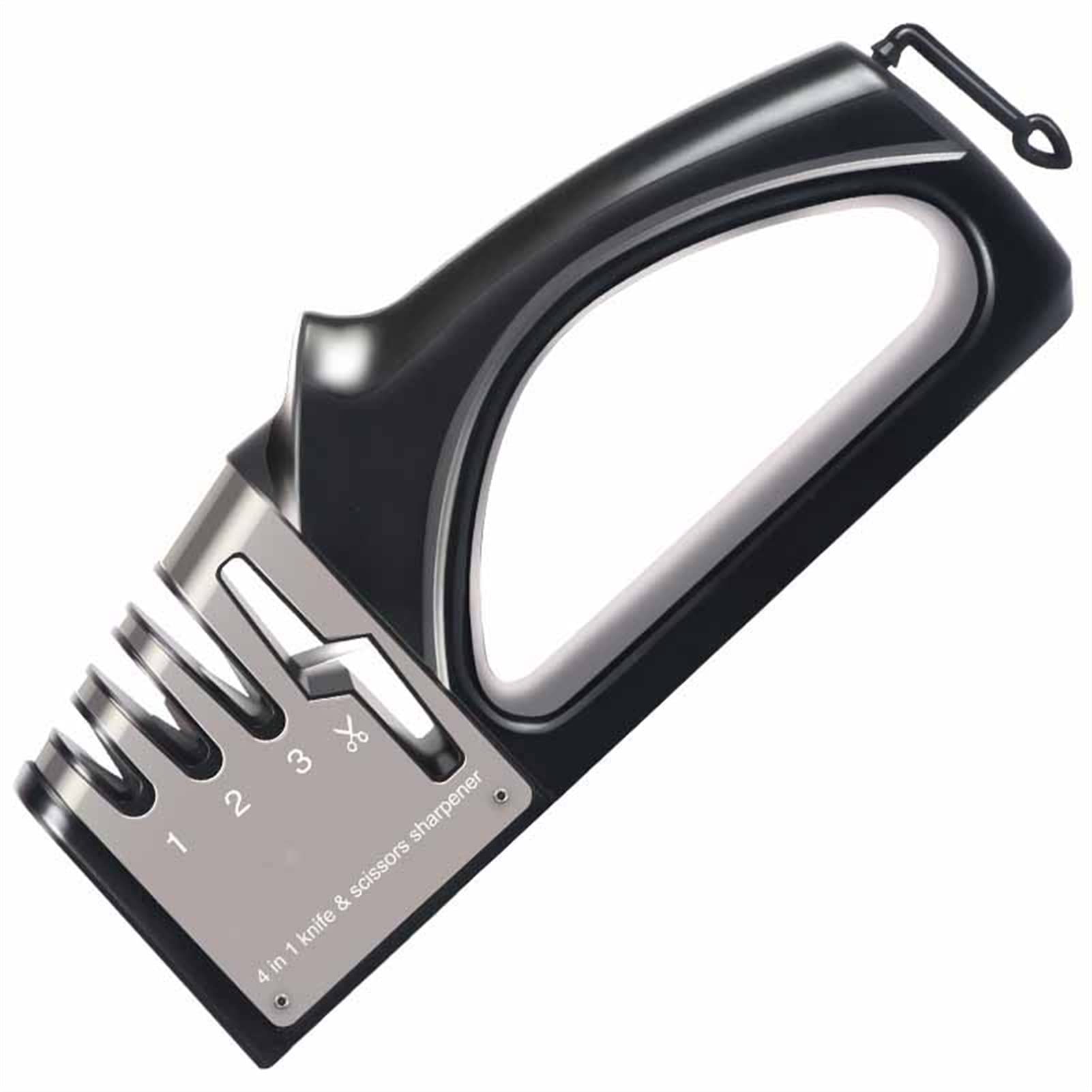 4-in-1 Manual Knife Sharpener for Kitchen Knives & Scissors - Handheld Household Knife Sharpener Tool for All Sizes - Perfect for Home Cooking, Camping & Outdoor Activities