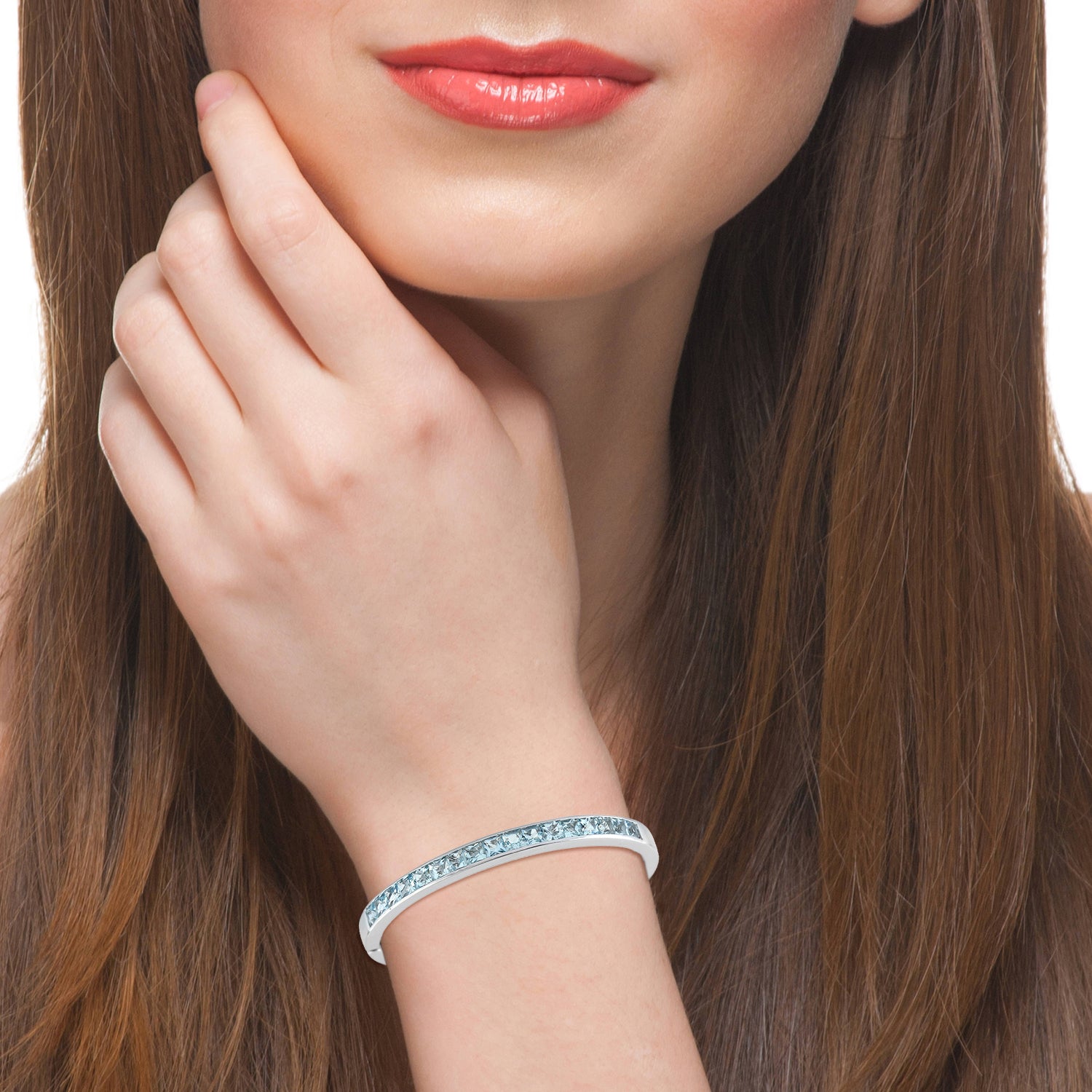 14K White Gold Channel Set Square Aquamarine Gemstone Open Cuff Bracelet - Elegant Jewelry for Weddings, Parties & Special Occasions