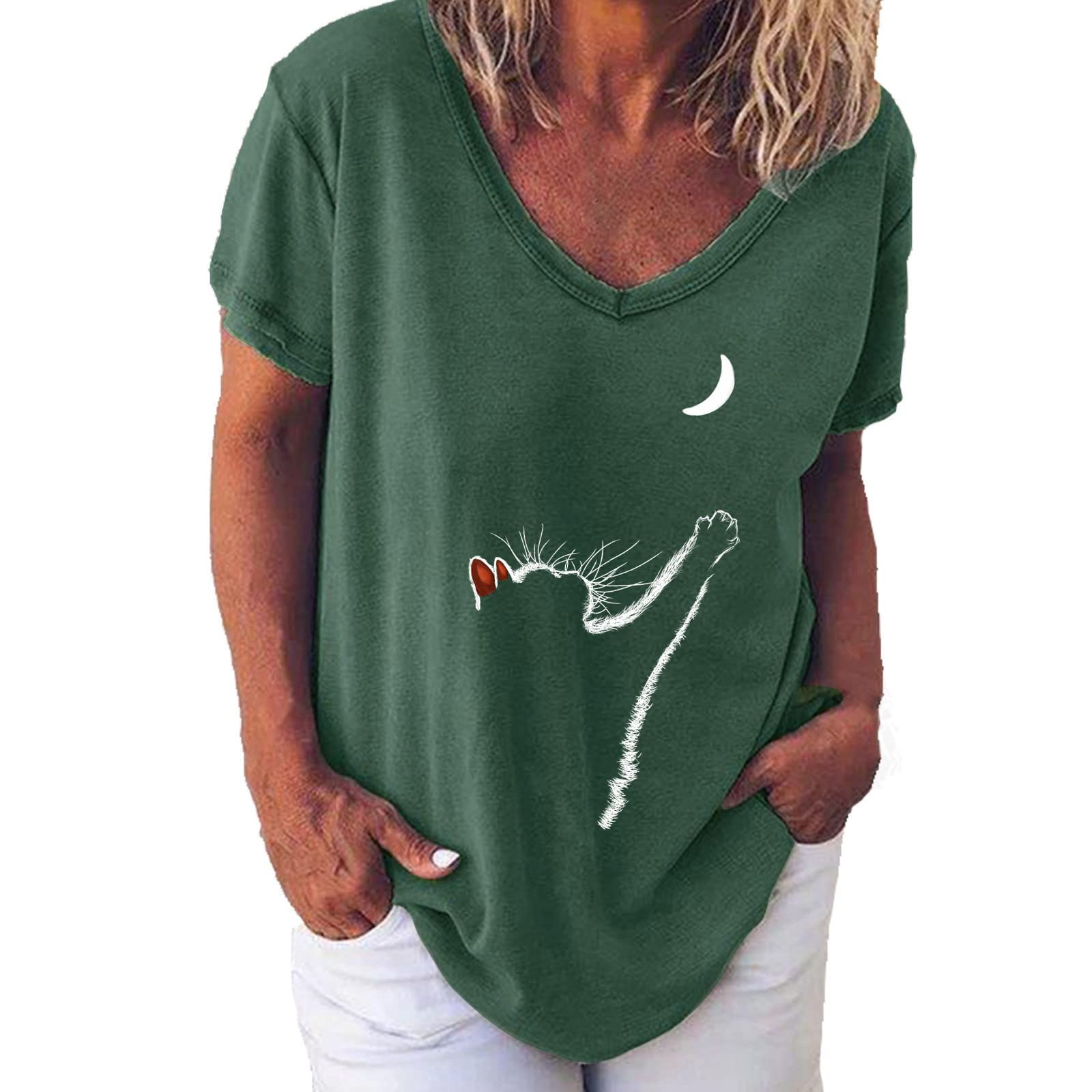 Cute Cat Graphic T-Shirts for Women - Oversized V-Neck Short Sleeve Summer Casual Tops | Perfect for Beach Outings, Weekend Wear & Cat Lovers