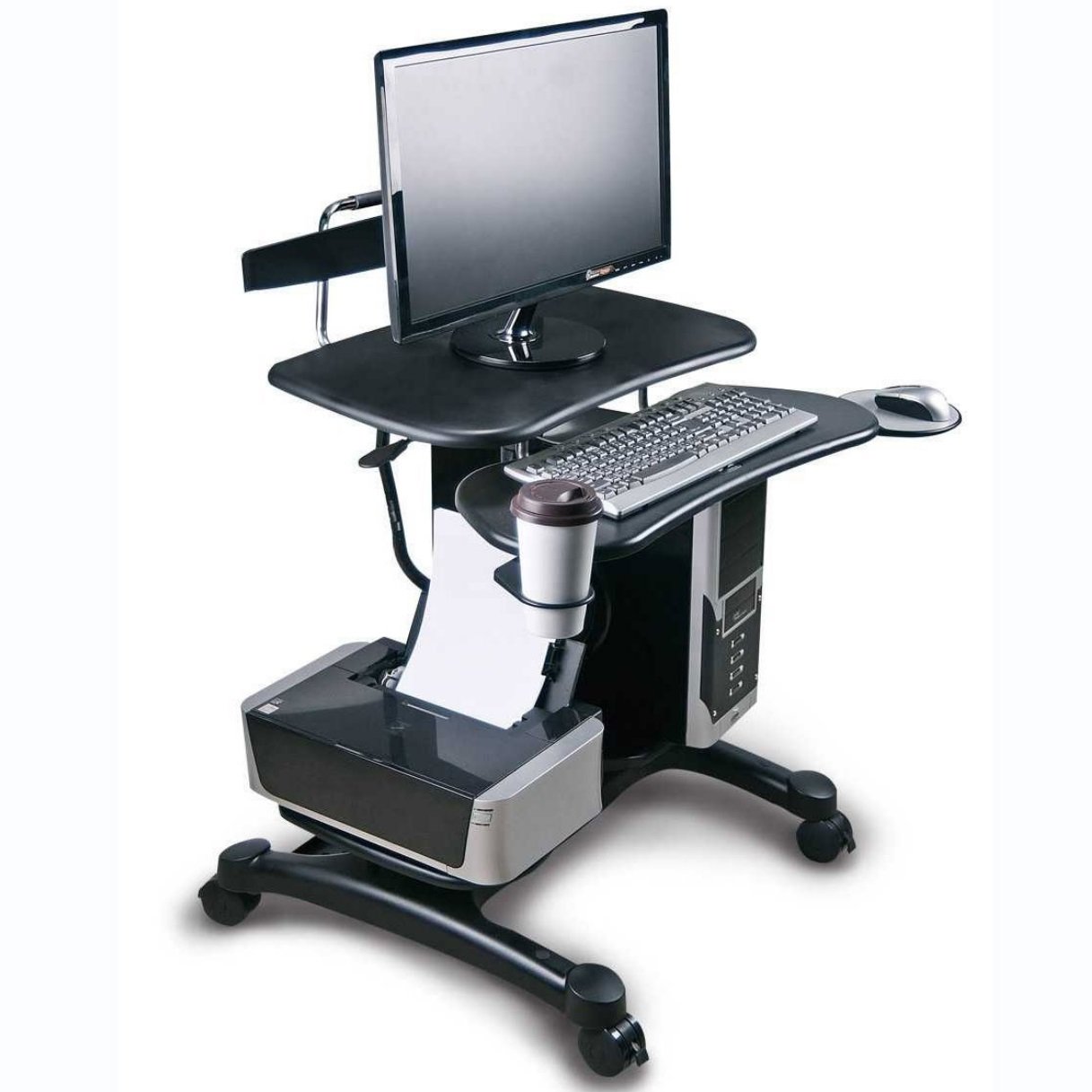 Aidata PCC004P Adjustable Height Mobile Computer Desk - Compact Standing Desk with Wheels for Home & Office, ABS Plastic, Black - Perfect for Small Spaces, Sitting or Standing Workstations    **Use Cases:** Ideal for home offices, dorm rooms, workspaces, and ergonomic setups to switch between sitting and standing positions effortlessly.