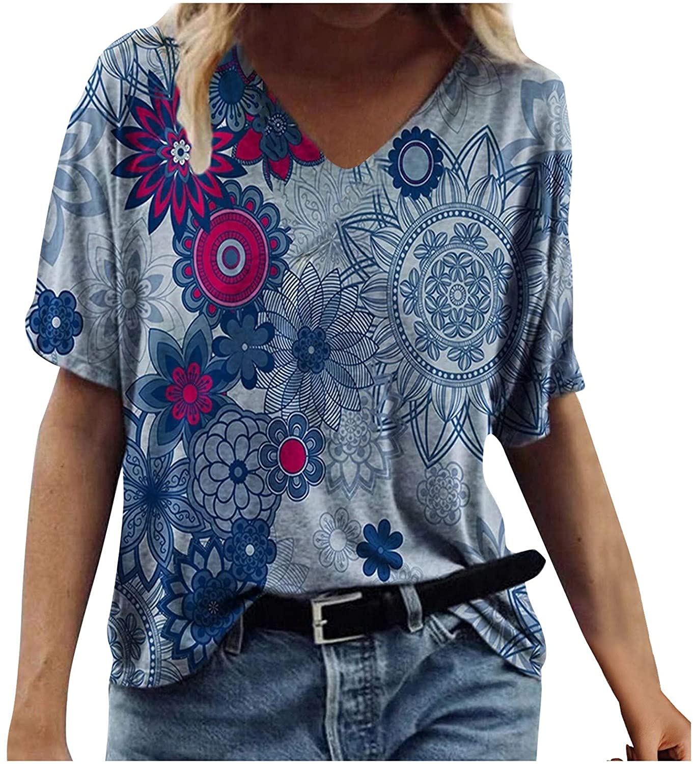Women's Summer V-Neck T-Shirt - Short Sleeve Casual Blouse with Cute Print, Loose Fit Graphic Tee | Perfect for Beach Outings, Weekend Wear & Summer Fashion