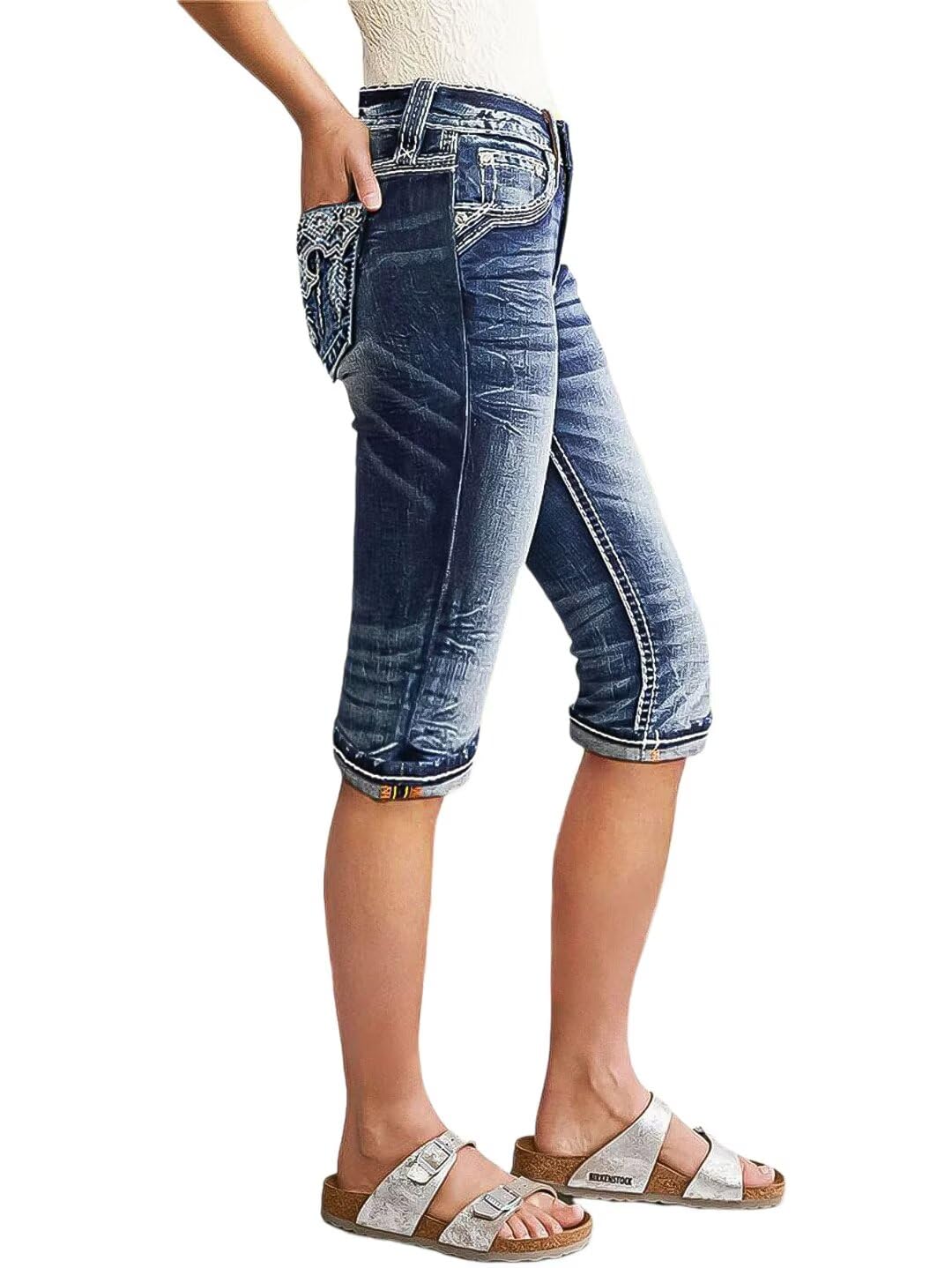 Flamingals Women's Mid Waist Straight Leg Jeans - Roll Hem Casual Denim Pants for Everyday Wear, Office & Weekend Outings