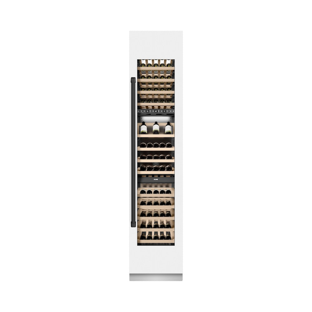ZLINE Autograph Edition 18-Inch 9.0 cu ft Triple Zone 68-Bottle Right Hinge Column Wine Cooler - White Matte with Matte Black Accents (RCWVRZ WM 18 MB) | Perfect for Home Bars, Wine Cellars & Entertaining Spaces