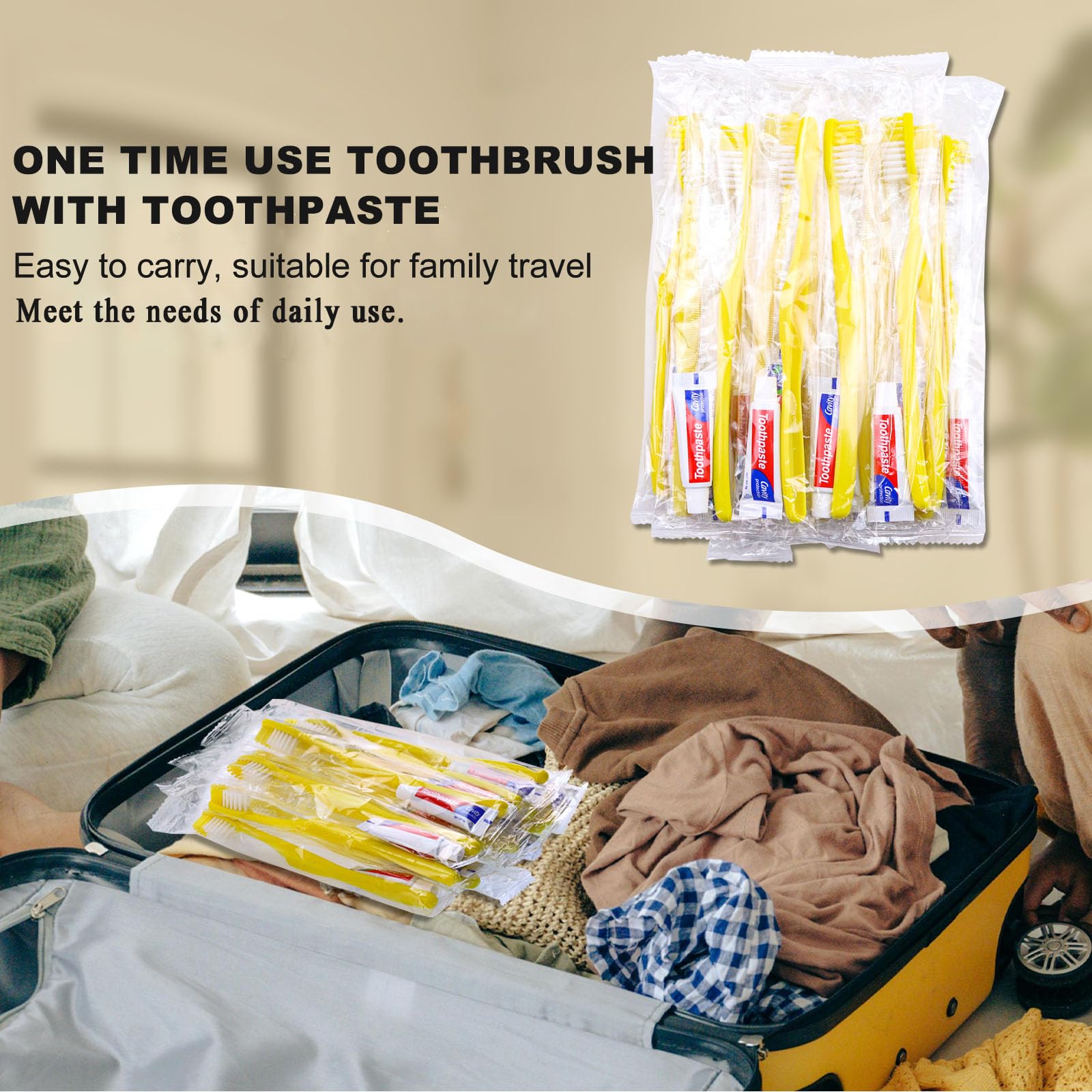 200 Pack Disposable Toothbrushes with Toothpaste - Individually Wrapped Travel Toothbrush Kit in Bulk (Yellow, Hollow Handle) for Travel, Hotels, Nursing Homes, Homeless Shelters & Charity Donations - Perfect for Hygiene Kits, Emergency Preparedness & On-the-Go Oral Care