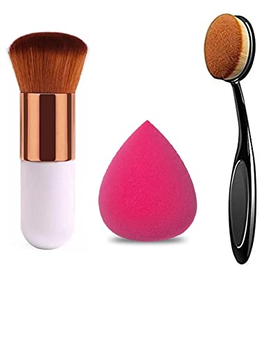 Professional Oval Foundation Brush & Sponge Puff Set (3-Pack) - Perfect for Liquid, Cream & Powder Makeup Application | Salon & Home Use