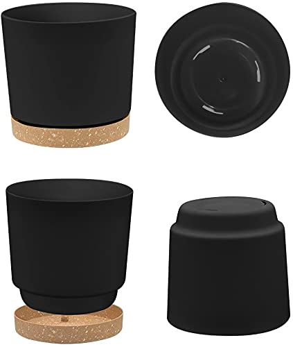 ZMTECH 8'' Self Watering Plant Pots Set of 3 - Modern Plastic Planters with Drainage Hole & Saucer for Indoor Outdoor Plants, Succulents, Flowers - Dark Gray Decorative Flower Pots for Home, Office, Garden & Balcony