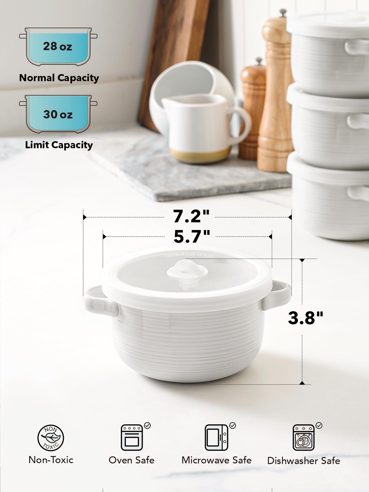 LE TAUCI 28 oz Ceramic Soup Bowls with Handles & Silicone Lids - Oven & Microwave Safe French Onion Soup Bowls for Ramen, Cereal, Chili, Stew - Non-Toxic Soup Crocks Set of 4 (White) - Perfect for Family Dinners, Restaurant-Style Serving & Meal Prep