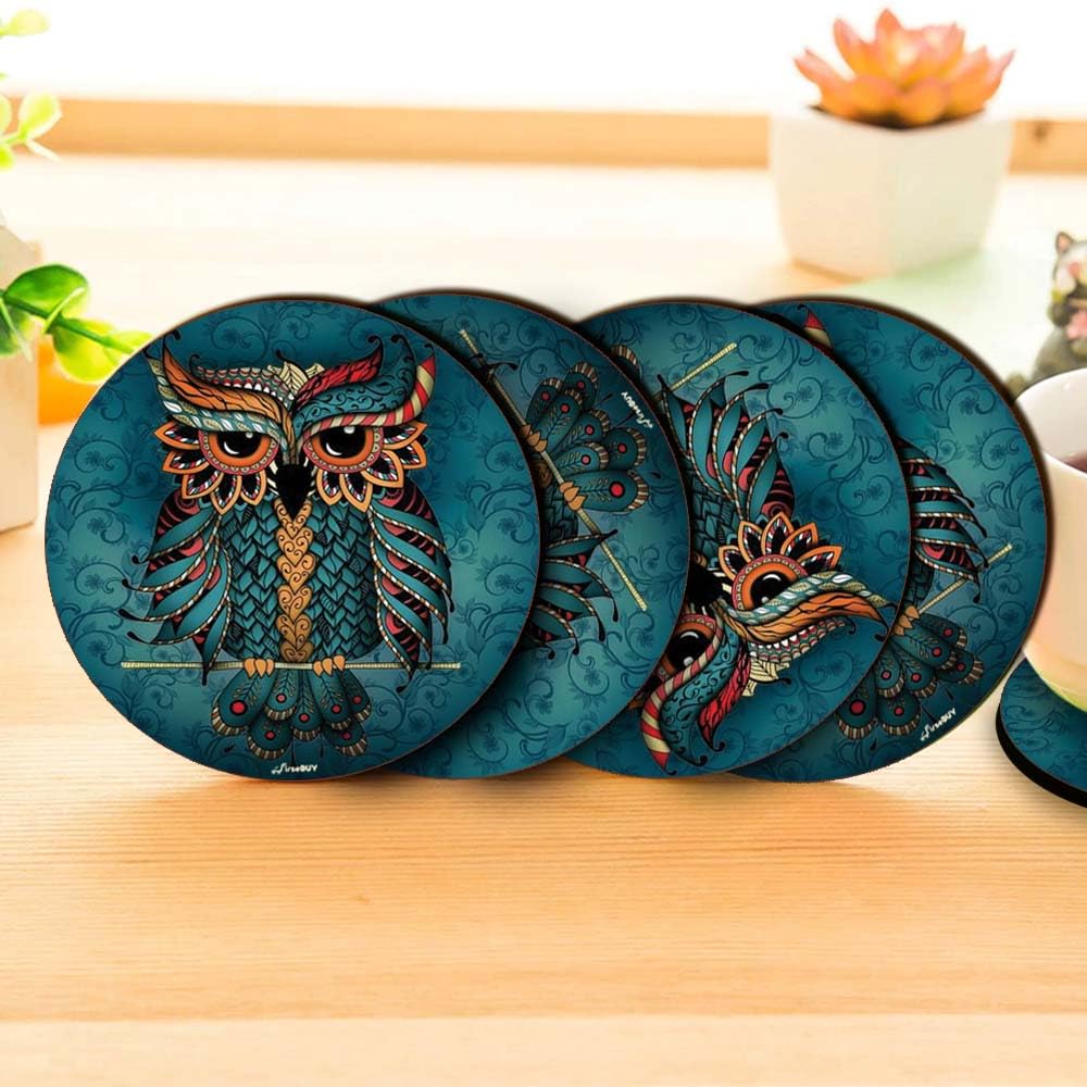 Premium Drink Coasters Set of 6 - Elegant Owl Art Printed MDF Coasters for Coffee Tables, Bars & Home Decor | Perfect Housewarming Gift for Kitchen, Apartment & Wooden Table Protection