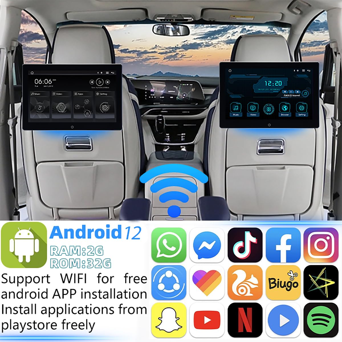 10.1 Inch 4K Android 12 Portable Car Headrest Monitor - Touch Screen Backseat Tablet with Wireless Mirroring, WiFi, Bluetooth, RCA/USB - 2GB RAM 32GB Storage - Perfect for Road Trips & Kids Entertainment