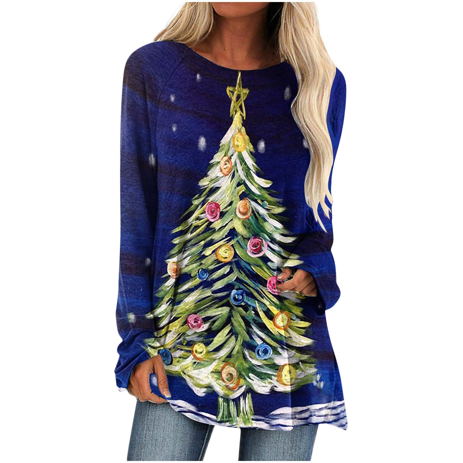 Women's Christmas Tree Print Long Sleeve T-Shirt - Oversized Round Neck Casual Tunic Top for Holiday Parties, Family Gatherings & Festive Outfits