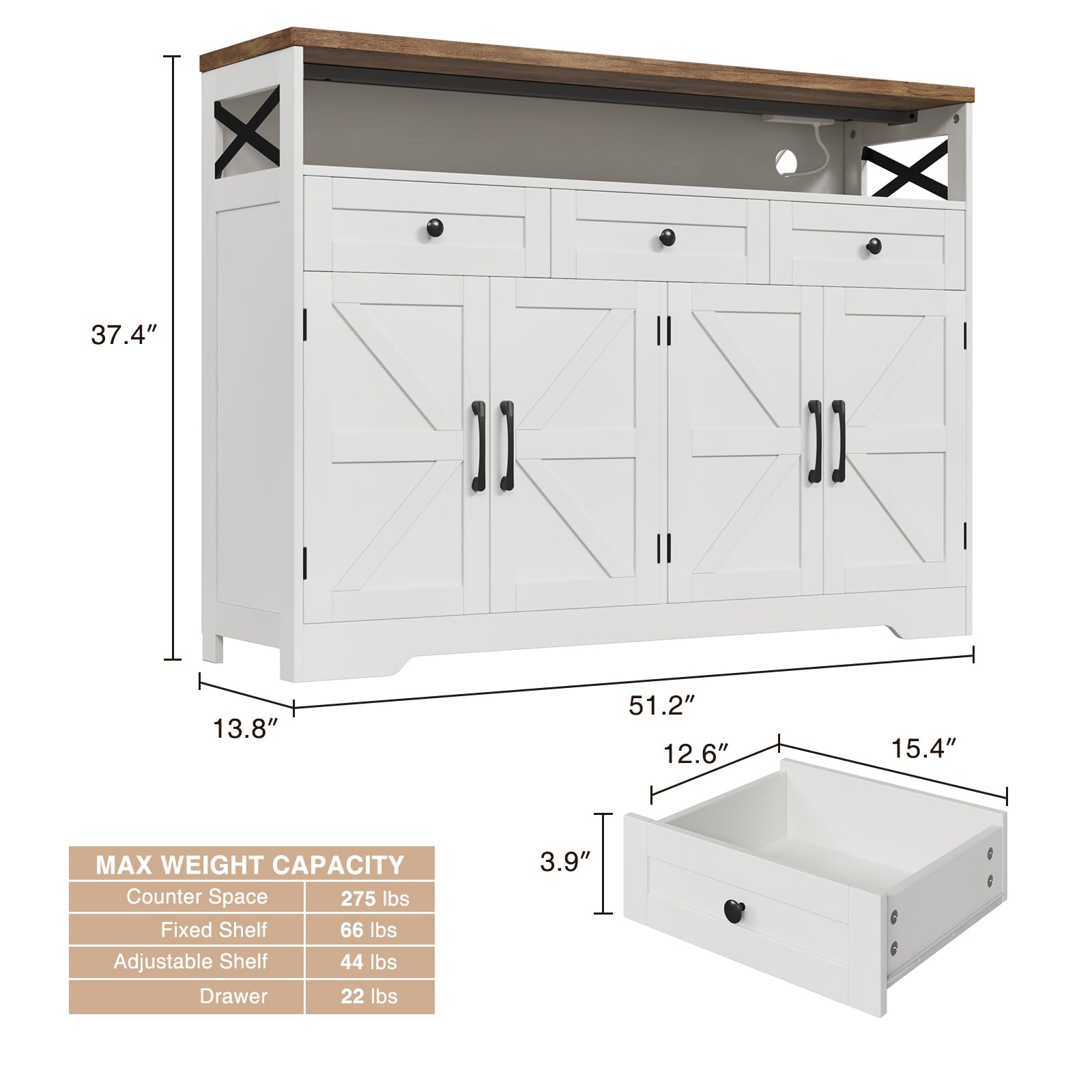 Farmhouse Buffet Cabinet with Drawers & Open Shelf - 52
