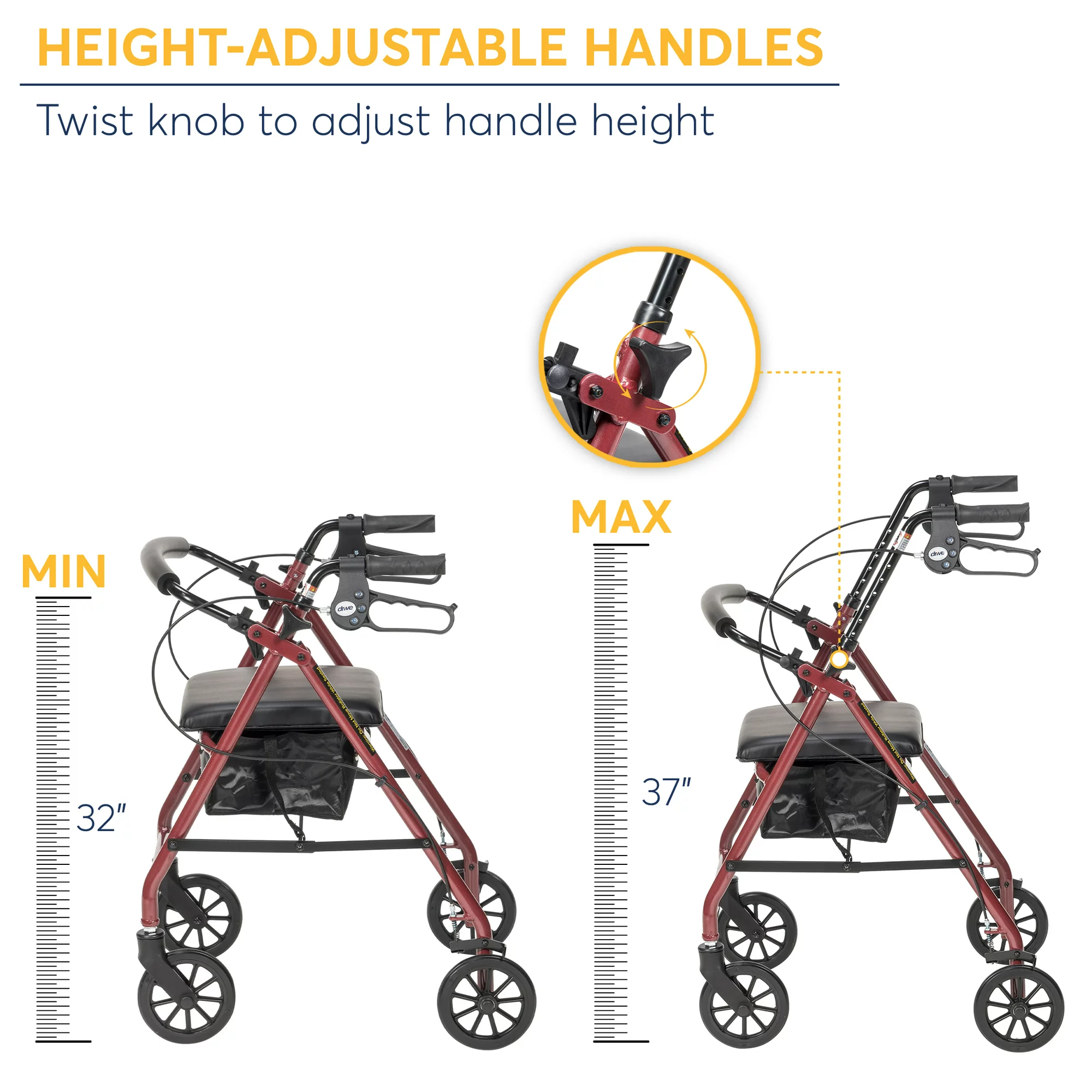 Drive Medical R726RD Aluminum Rollator Walker with 4 Wheels & 6 Casters - Lightweight Mobility Aid for Seniors & Adults (Red) - Ideal for Indoor & Outdoor Use, Shopping, Travel & Recovery