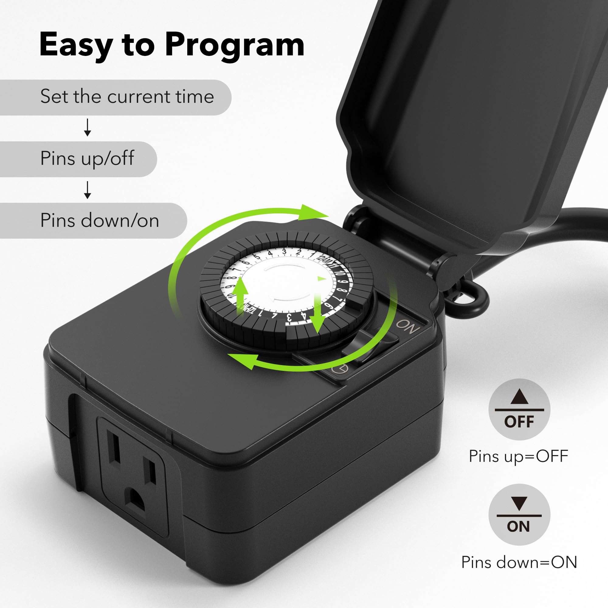BN-LINK Heavy Duty 24-Hour Outdoor Light Timer - Waterproof Mechanical Timer with 15A 1/2HP Rating & Grounded Outlet for Home, Garden, and Landscape Lighting (Perfect for Holiday Lights, Pool Pumps & Outdoor Decorations)