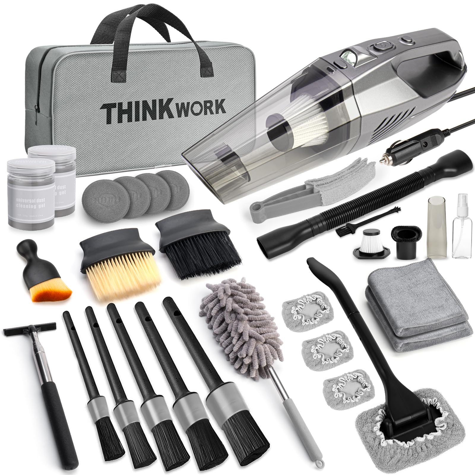 THINKWORK High Power Car Vacuum Cleaner Kit - 10Pcs Detailing Brushes with Storage Bag, Interior Car Cleaning Kit for Men & Women | Perfect for Car Detailing, Home & Office Vehicle Maintenance