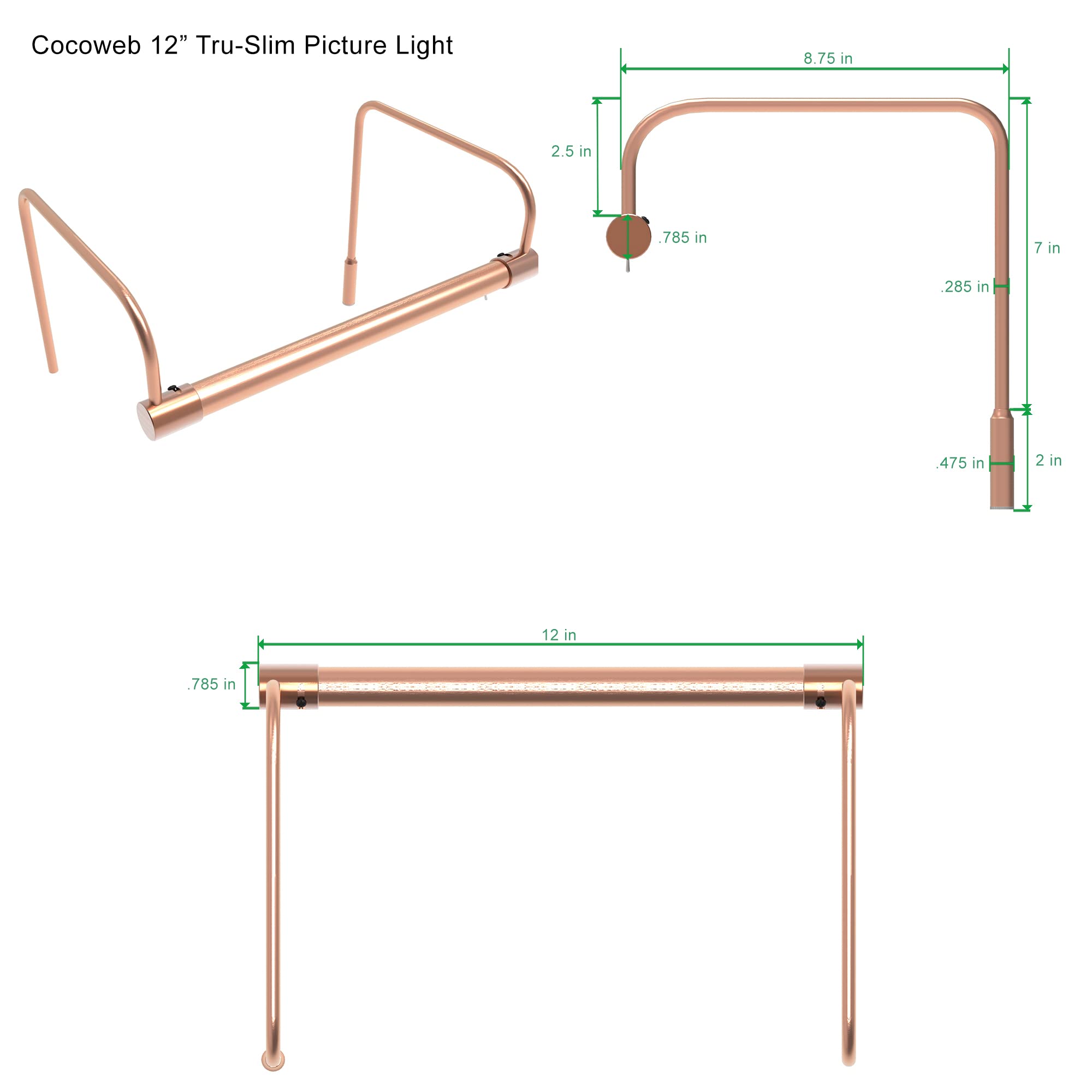 Cocoweb 12 Inch Tru-Slim LED Picture Light in Rose Gold - Dimmable Hardwired Art Lighting for Paintings & Wall Decor - Perfect for Galleries, Museums & Home Display