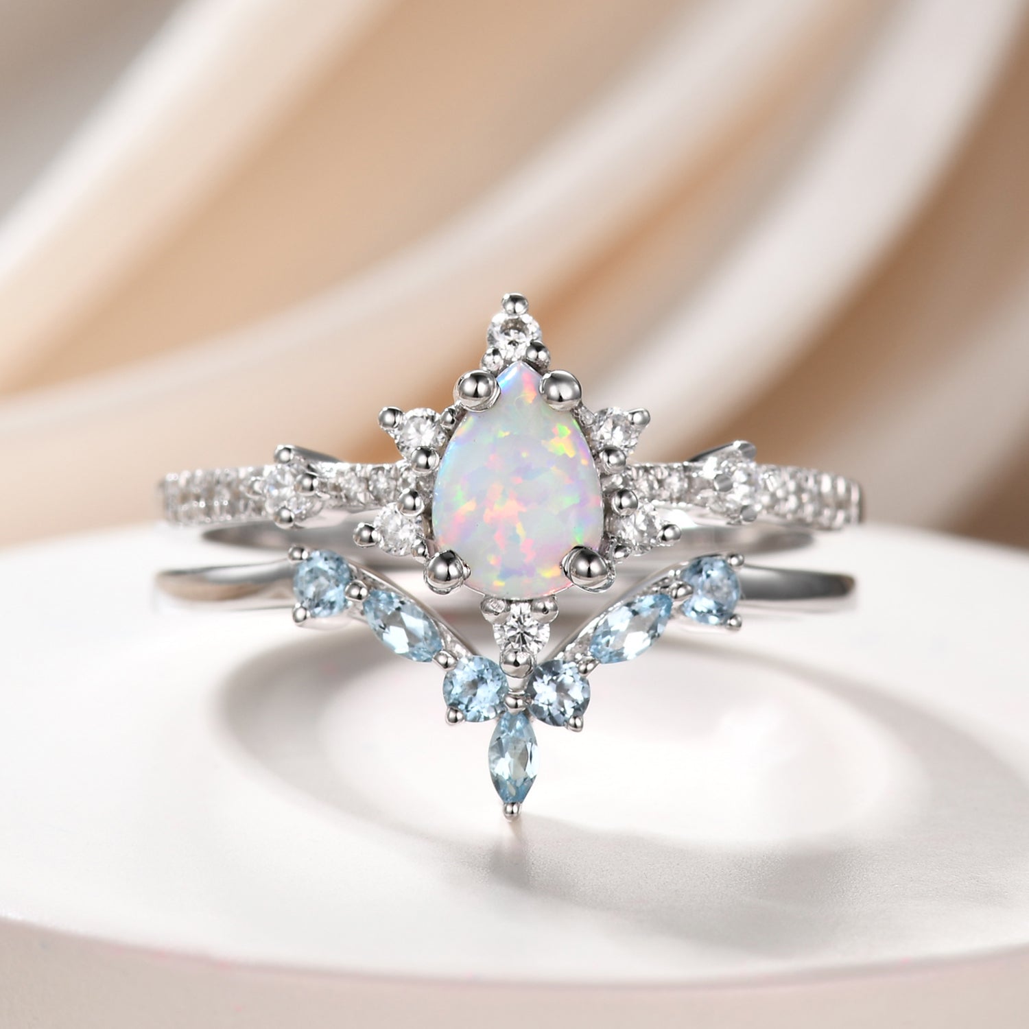 Vintage Opal Wedding Ring Set - 14k White Gold with Blue Topaz Curved Band for Brides, Engagement, Anniversary & Special Occasions