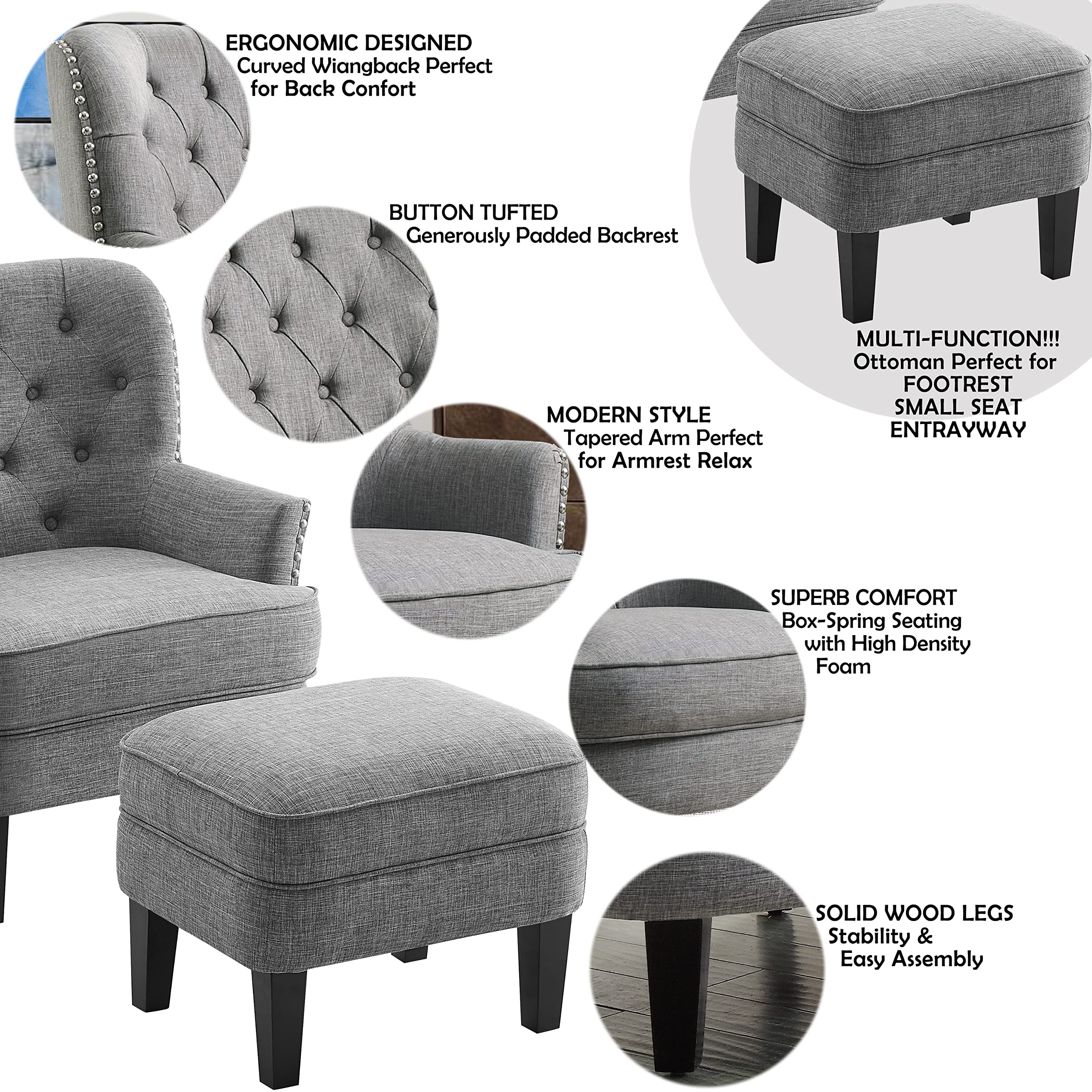 Rosevera Mid-Century Modern Accent Chair with Ottoman Set - Upholstered Armchair for Living Room or Bedroom - Comfortable Reading Chair with Footrest, Small Lounge Chair in Grey - Perfect for Relaxing, Reading & Home Decor