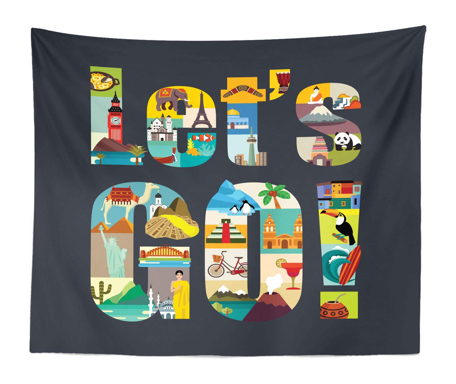 Ambesonne King Size Travel Tapestry - World Tour Typography Design with Famous Landmarks | 104