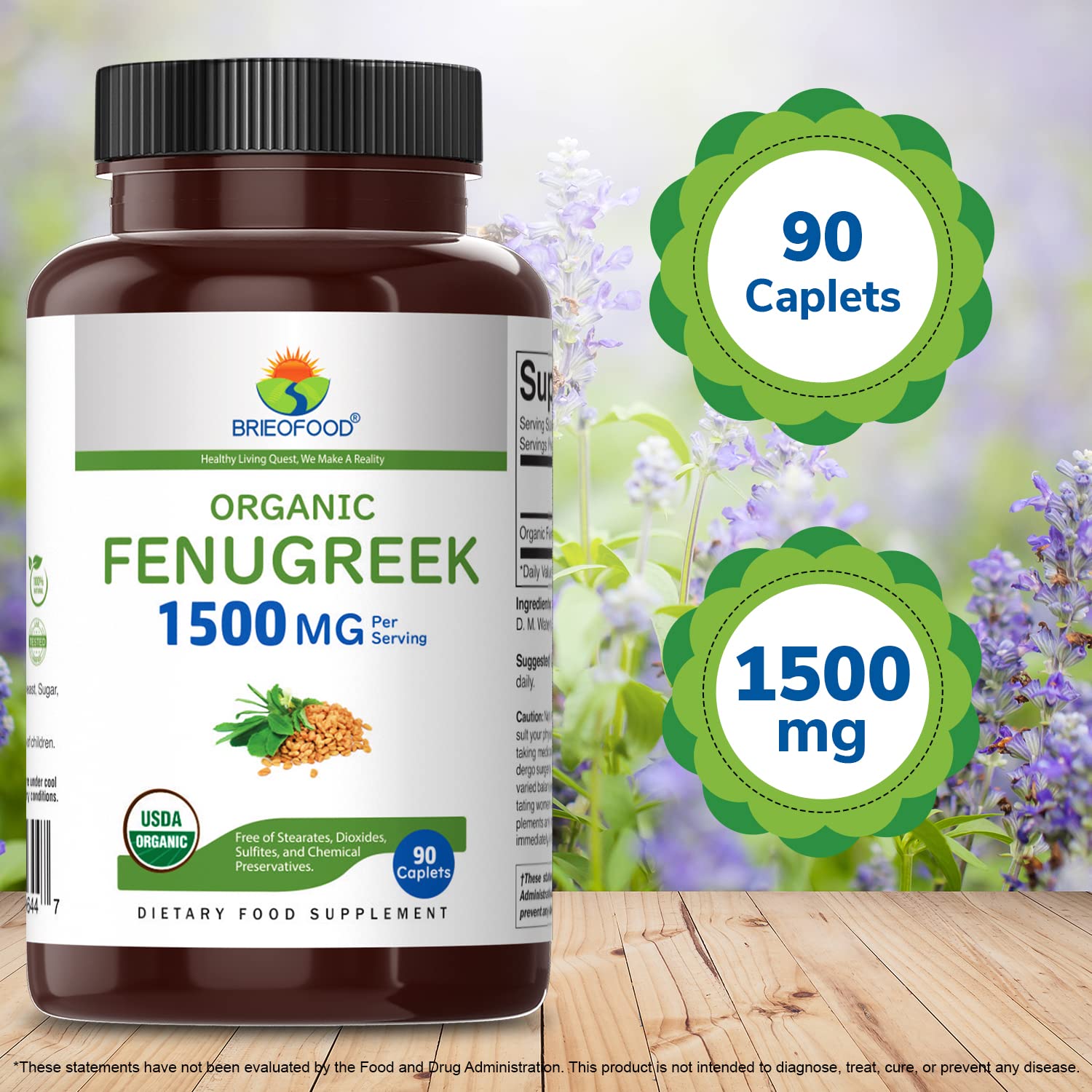 Brieofood Organic Fenugreek 1500mg Supplement - 90 Vegetarian Capsules | Gluten-Free, Non-GMO, 45 Servings | Supports Digestion & Lactation - Perfect for Postpartum & Vegan Diets