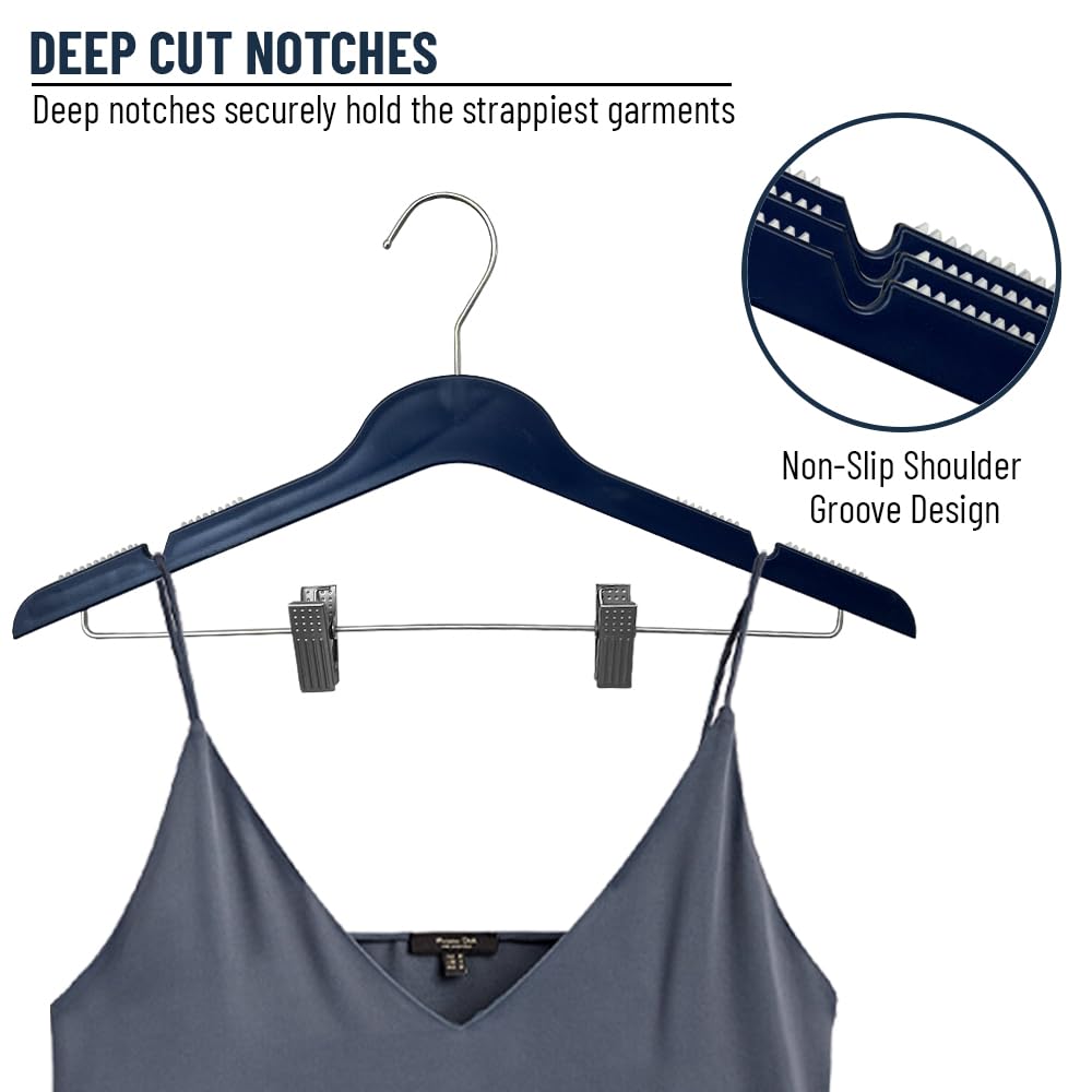 Slim Plastic Hangers with Clips - Space Saving Clothes Hangers for Blouses, Shirts & Pants - 36 Pack Navy Blue - Perfect for Closet Organization & Travel