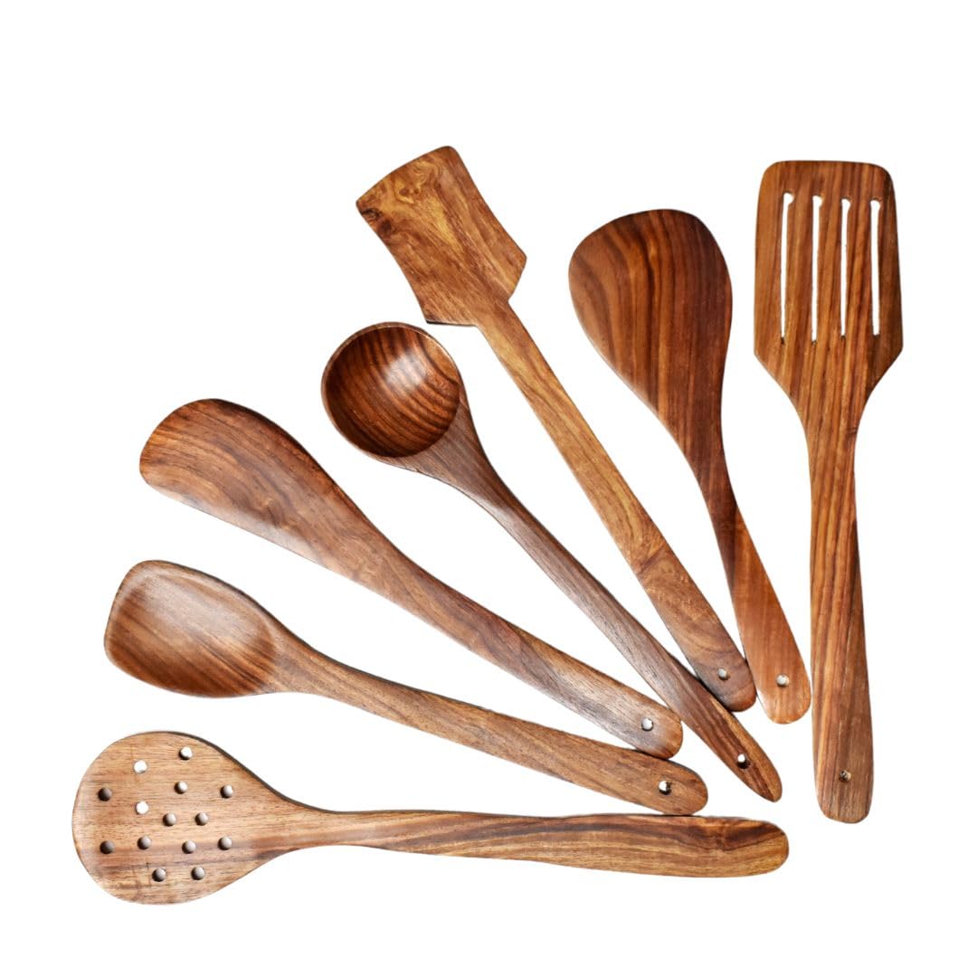 Natural Wooden Spoon Set for Cooking - 7-Piece Nonstick Kitchen Utensils with Frying Spatula, Serving & Rice Spoons (14 Inches) | Ideal for Chapati, Dessert, Nonstick Cookware & Everyday Cooking