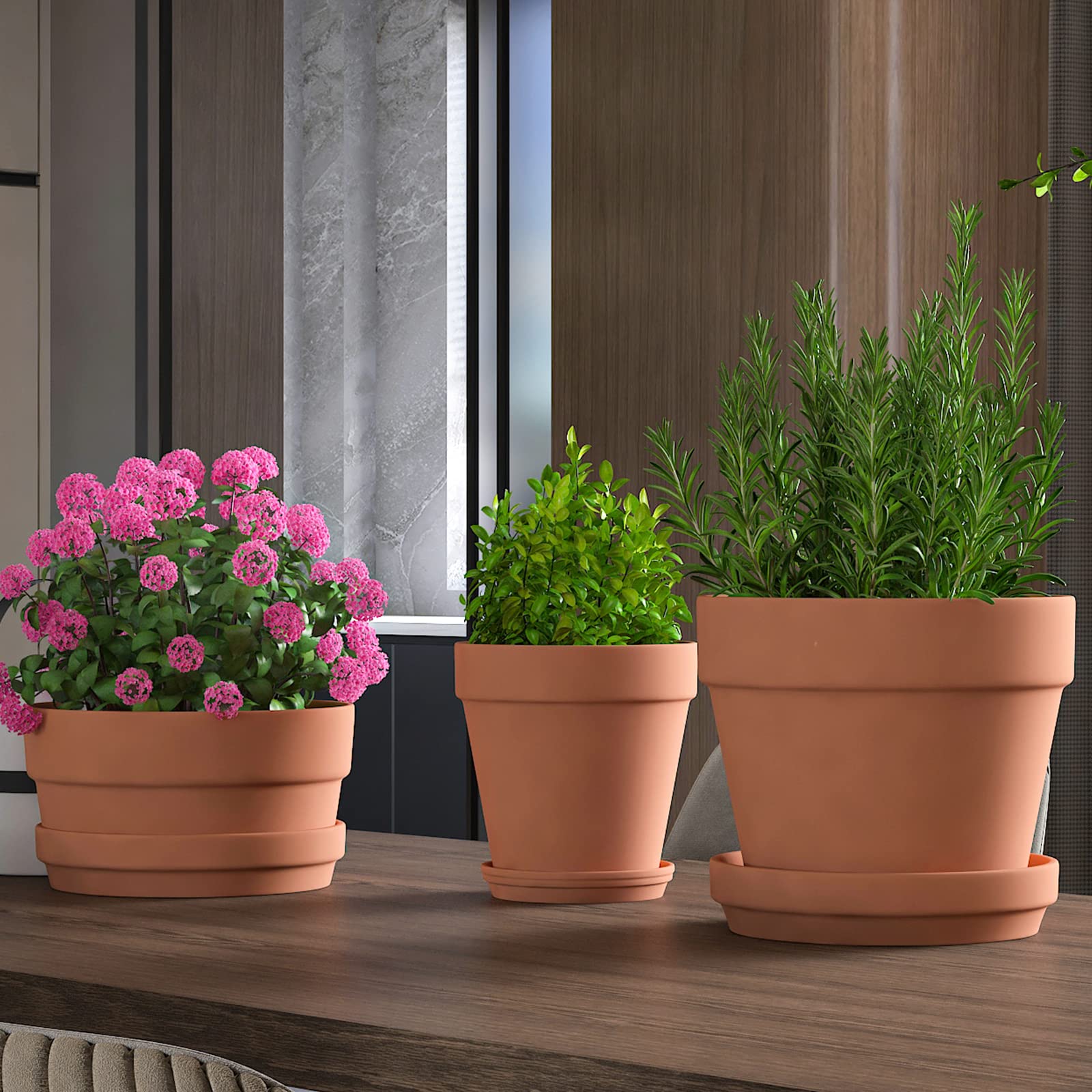 **6/7/8 Inch Terracotta Clay Pots for Succulents & Plants - Drainage Hole & Saucer Included - Indoor & Outdoor Planters for Home, Garden, Office Decor**