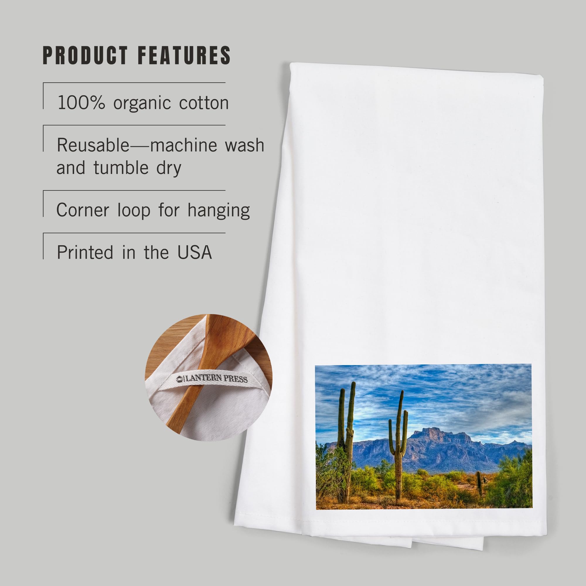 Lantern Press Saguaros and Mountains 100% Cotton Tea Towel - Decorative Hand Towel for Kitchen, Bathroom & Home Decor - Perfect for Drying Dishes, Gift Giving, and Farmhouse Style Decor