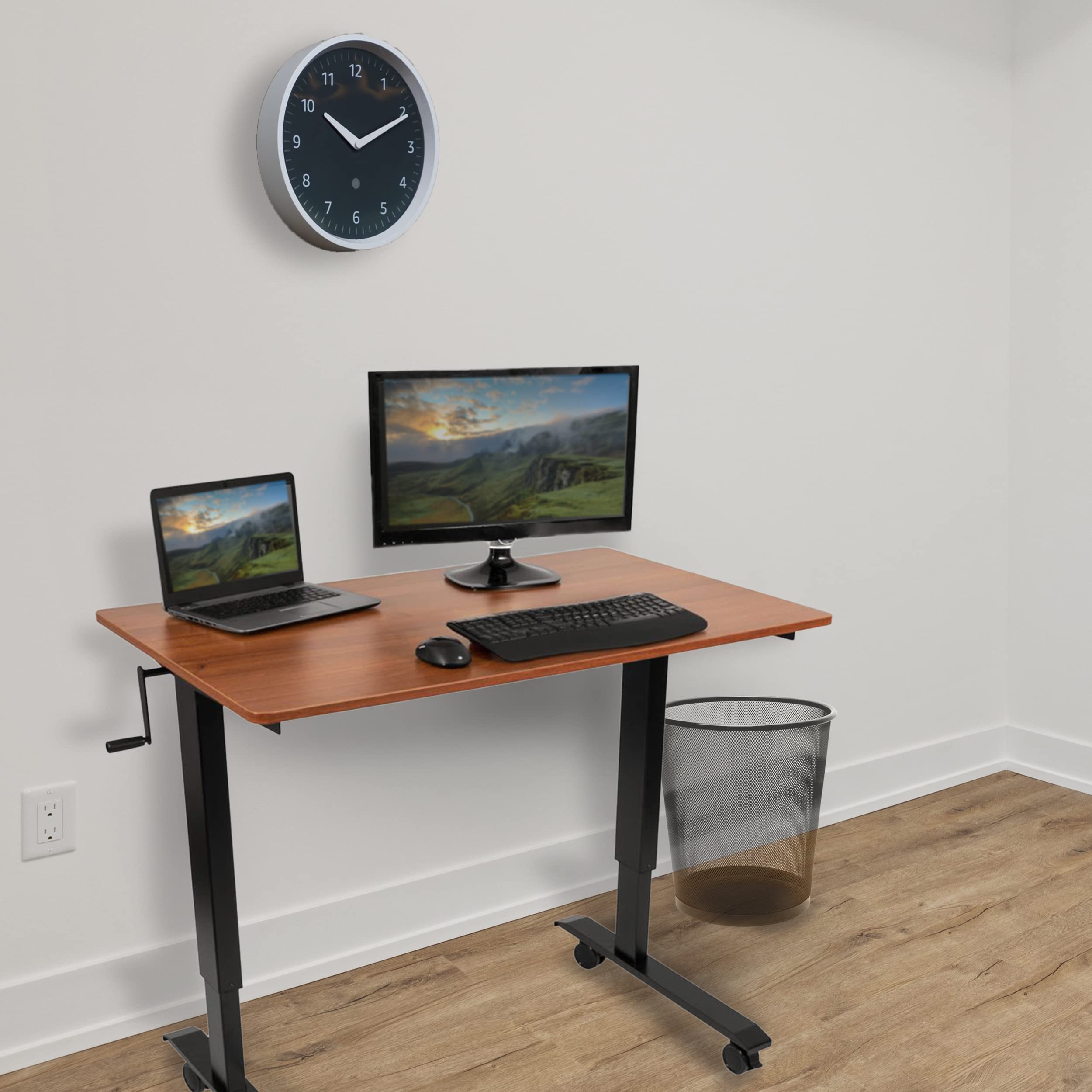 Adjustable Standing Desk with Wheels - Black Frame & Teak Top for Home Office