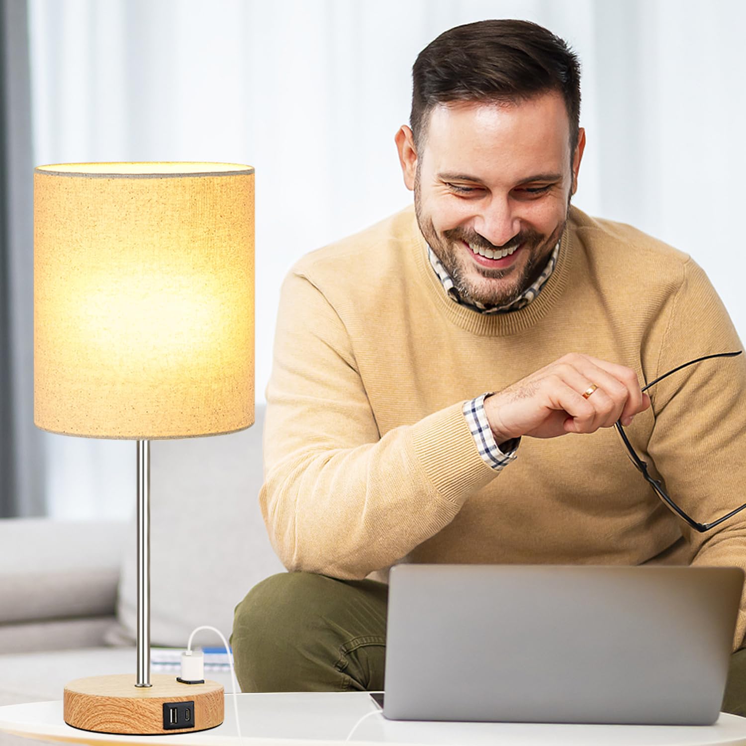 Lynnoland Touch Wood Table Lamps Set of 2 - USB & AC Outlet Bedside Lamps, 3-Way Dimmable Nightstand Lighting with 800 Lumens 2700K Warm White Bulbs Included - Perfect for Bedroom, Living Room, Nursery & Office Decor