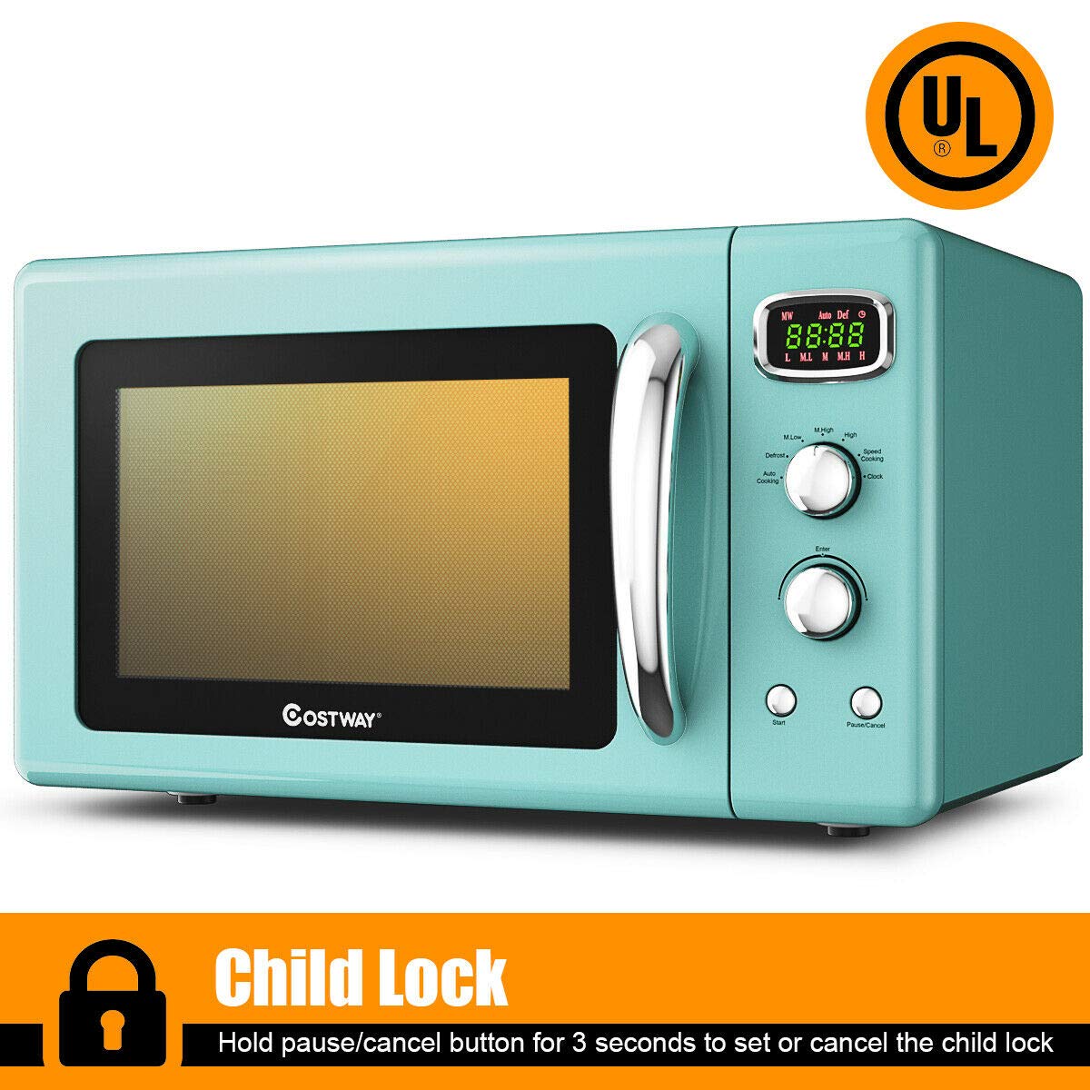 COSTWAY 0.9 Cu.ft Retro Microwave Oven - 900W Countertop Microwave with 5 Power Levels, Defrost, Auto Cook, LED Display, Glass Turntable & Child Safety Lock | Perfect for Small Kitchens, Dorms & Office Break Rooms