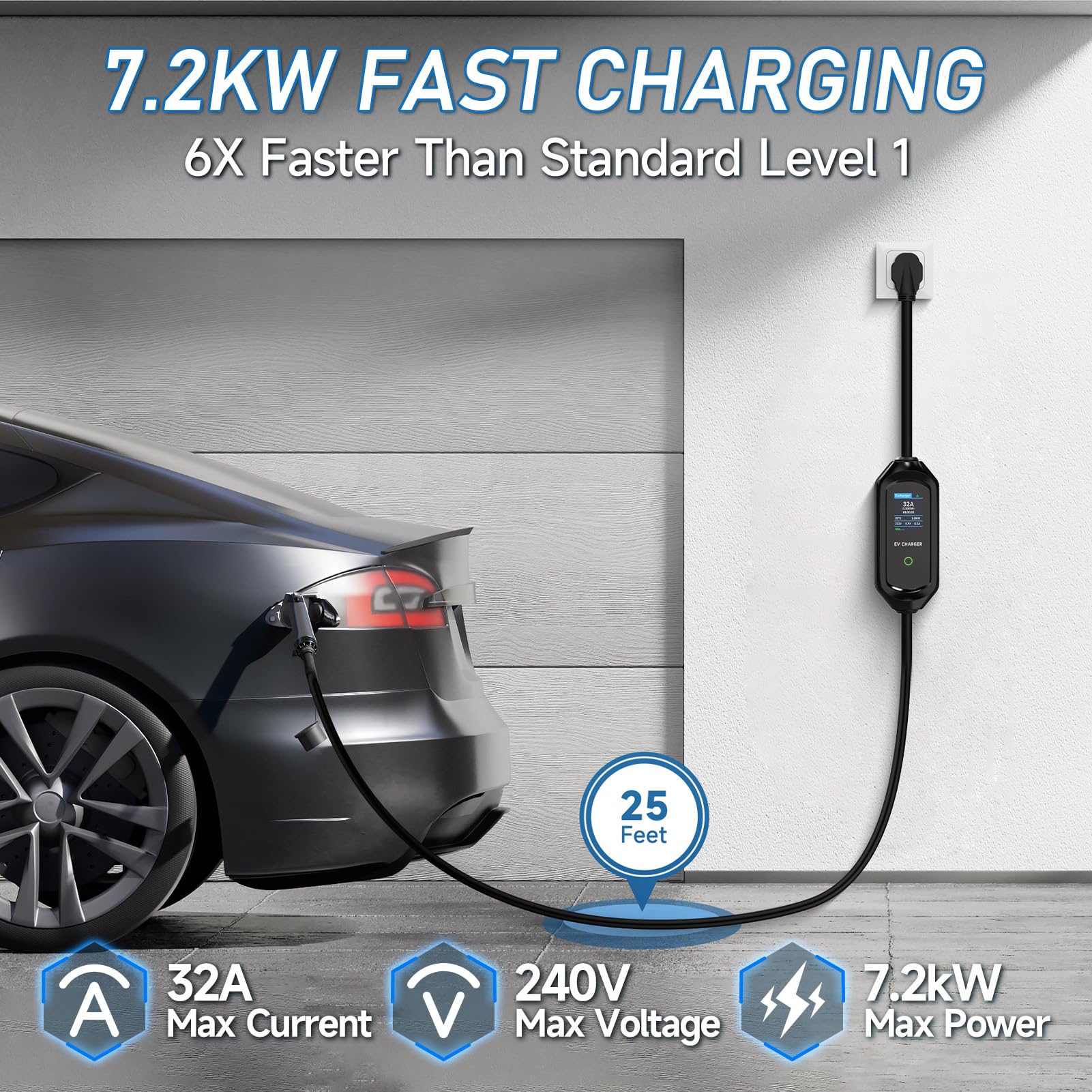 Level 2 EV Charger 32Amp 7.2kW 110V-240V with WiFi & 25FT Cable | Portable Electric Vehicle Charging Station with NEMA 14-50 Plug & 5-15 Adapter | Perfect for Home, Garage & Road Trip Charging