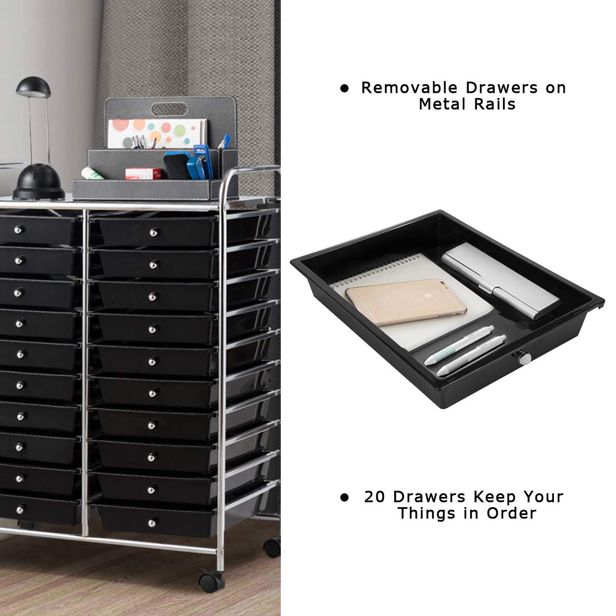 20-Drawer Rolling Storage Cart with Universal Wheels - Multipurpose Mobile Utility Organizer for Classroom, Office, School & Home - Perfect for Art Supplies, Tools, Crafts & Stationery Organization