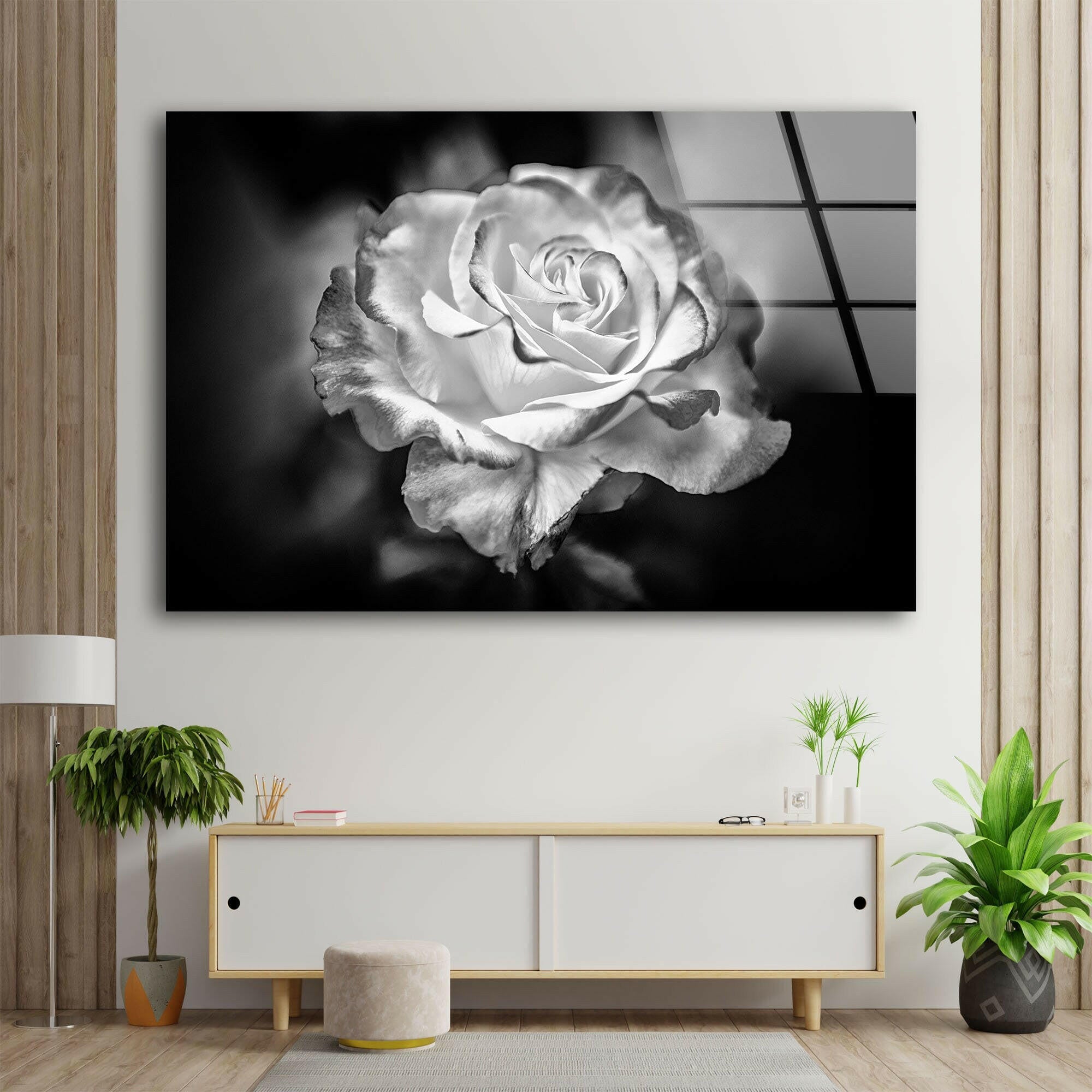 Elegant Black and White Rose Glass Wall Art - Modern Home Decor for Living Room, Bedroom & Office