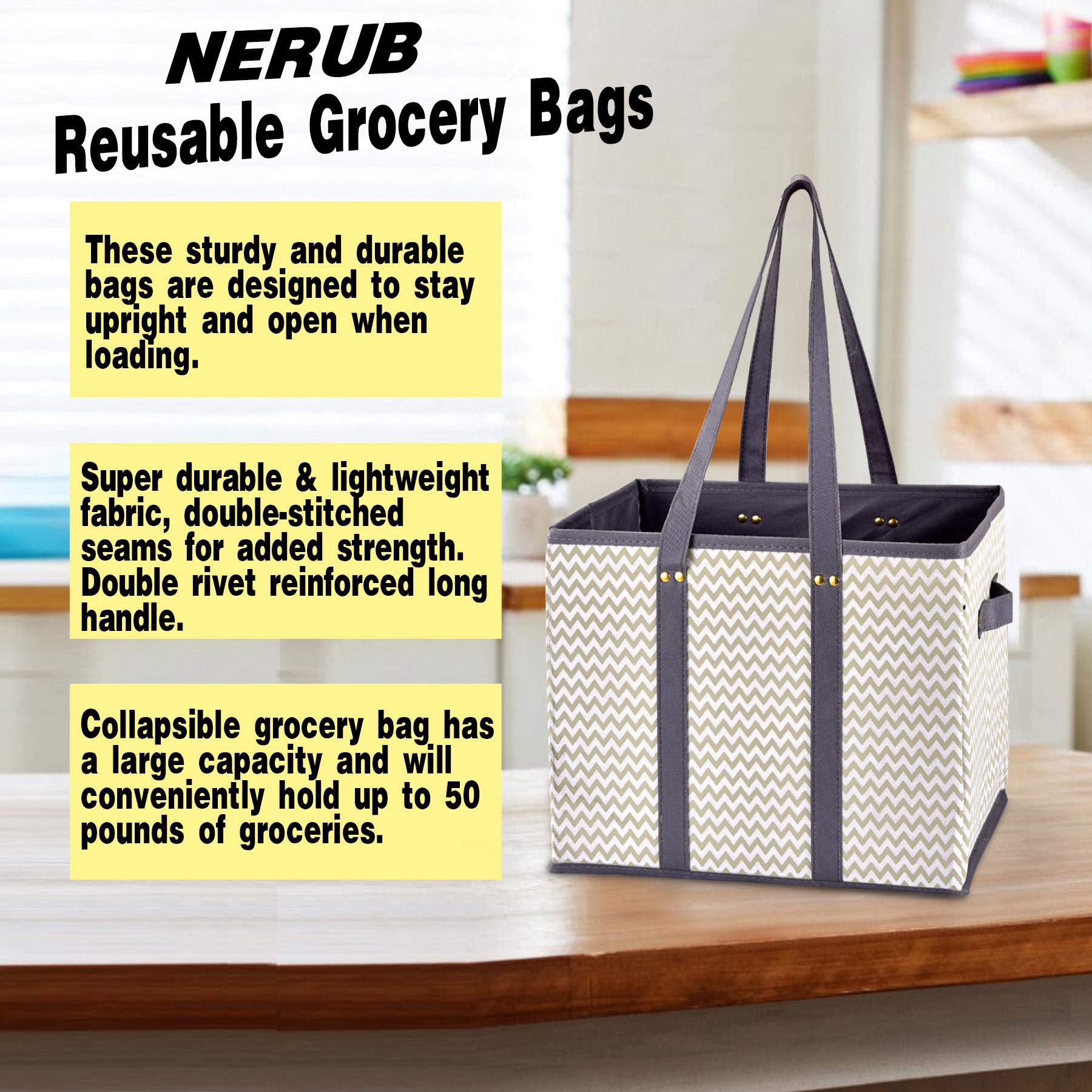 NERUB Heavy Duty Reusable Grocery Tote Bags - Reinforced Bottom, Foldable Large Shopping Bags for Groceries (3 Pack) - Perfect for Farmers Market, Supermarket & Eco-Friendly Shopping