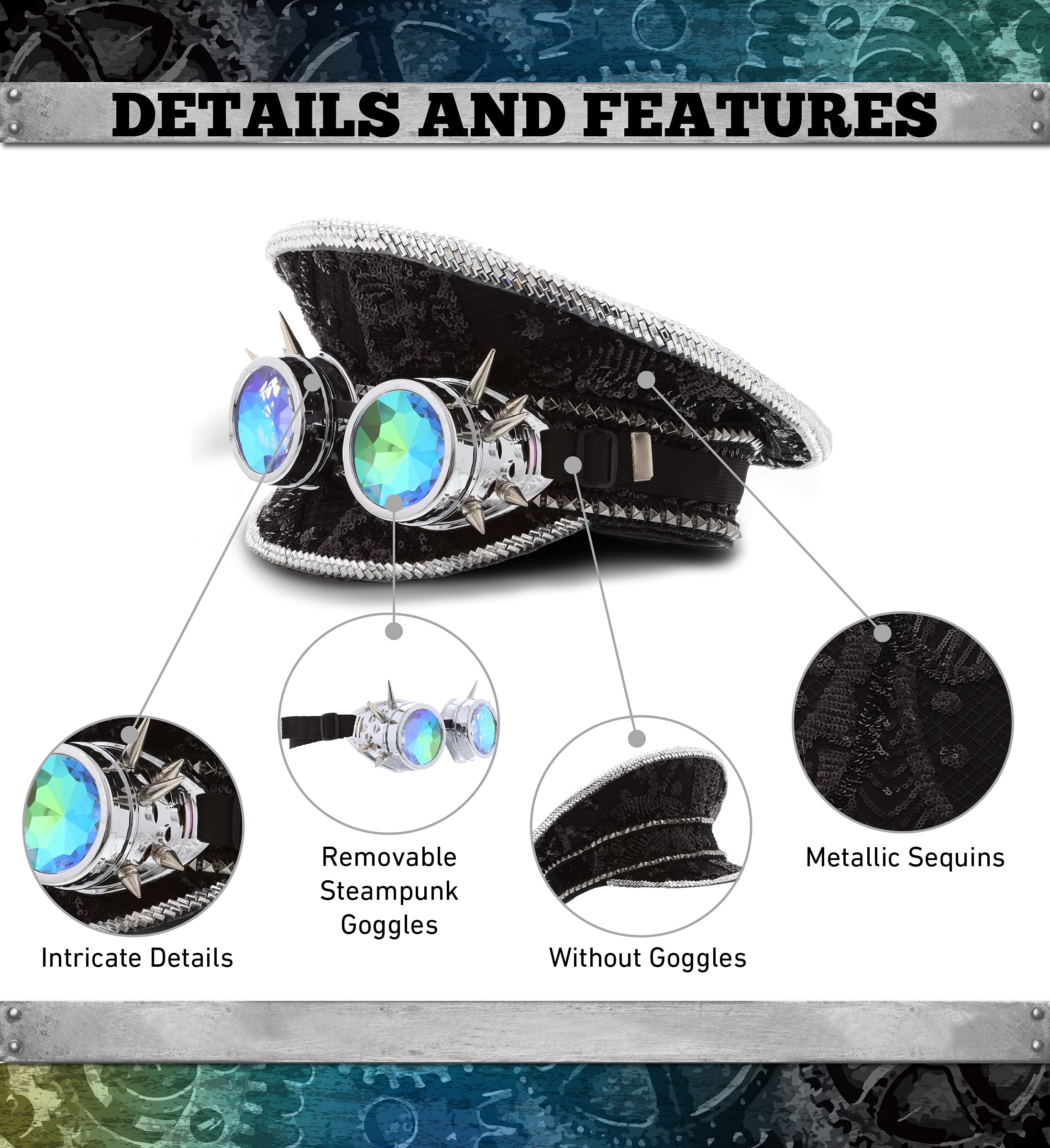 Black Sequin Steampunk Hat with Goggles - Victorian Cosplay Costume Accessory for Halloween Parties, Steampunk Events & Costume Balls