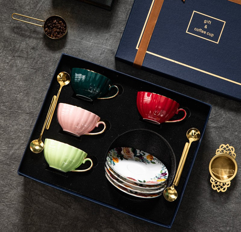 Elegant British Bone China Tea Cup and Saucer Set - Porcelain Coffee Cups with Gift Box - Perfect for Afternoon Tea, Bridal Shower & Home Decor