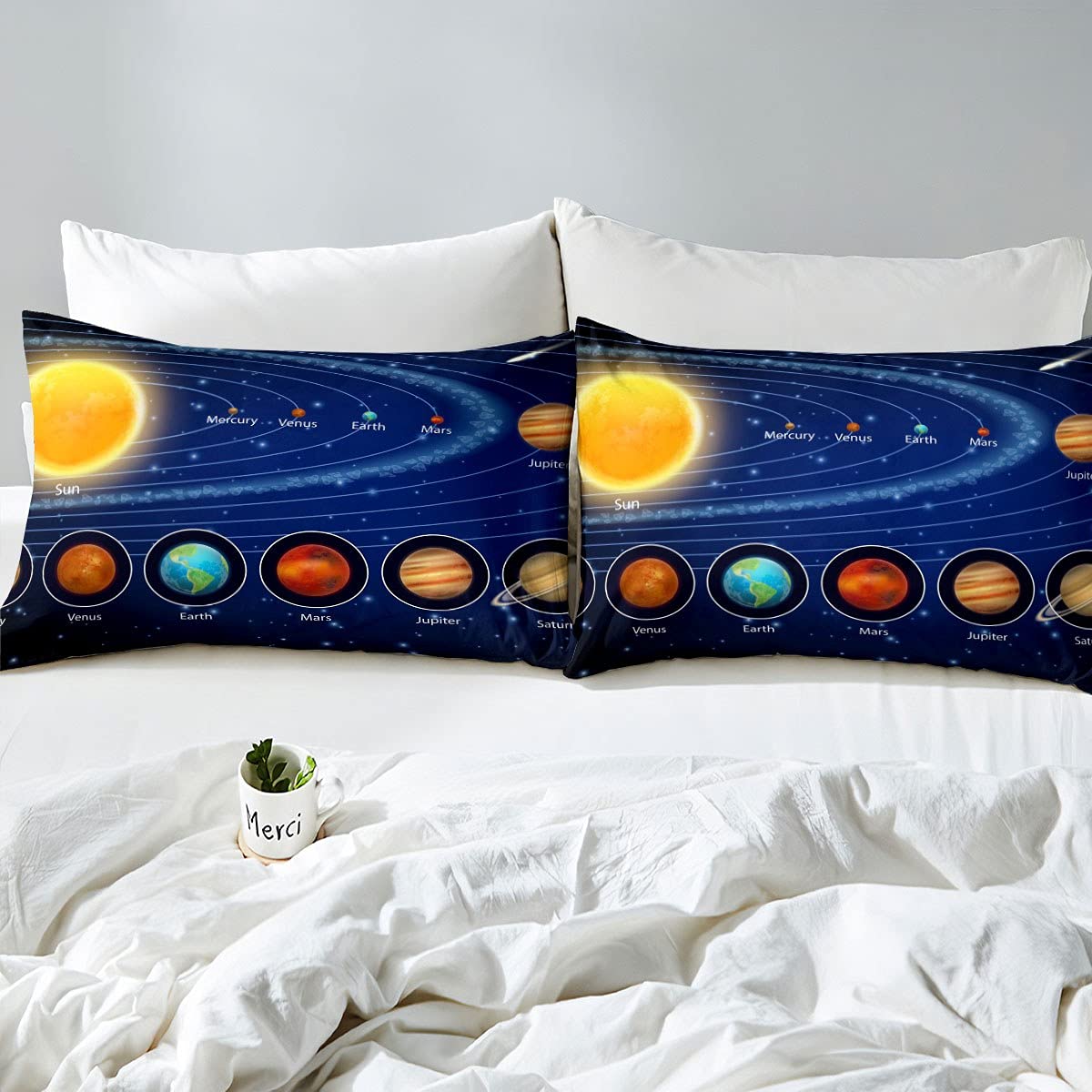 Queen Size Solar System Galaxy Bedding Set - Outer Space Fleece Fitted Sheet & Flat Sheet with Stars & Planets - Super Soft Astronomy Themed Bed Sheets for Kids & Teens - Perfect for Space Themed Bedrooms & Astronomy Lovers (Blue)