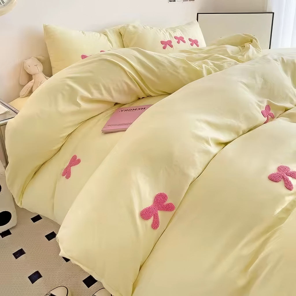 Elegant Embroidered Bow Coquette Bedding Set - Queen Size Floral Lace Duvet Cover & Pillowcases for Romantic Bedroom Decor