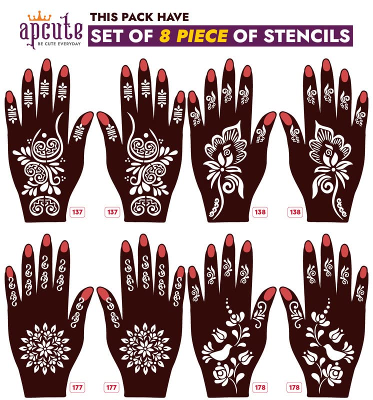 APcute Henna Tattoo Stencil Stickers for Girls, Women & Kids - Easy to Use Mehndi Design Stickers (Set of 8 Pieces) - Patterns No. 137,138,177,178 - Perfect for Parties, Weddings & Festive Celebrations
