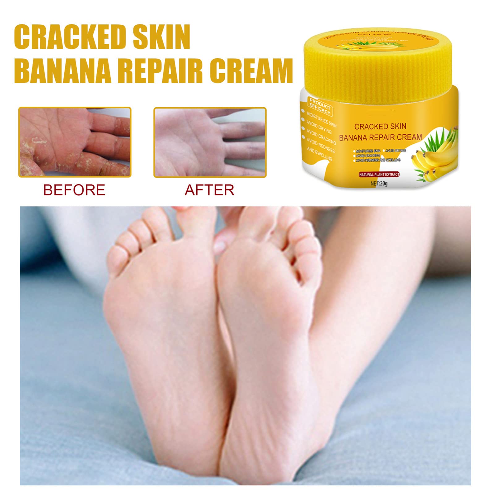 Banana Foot Repair Cream for Dry Cracked Feet - Natural Moisturizing Foot Cream for Cracked Heels & Rough Skin - Best Foot Care for Cracked Skin Treatment - Perfect for Dry Winter Feet & Post-Pedicure Care (1PCS)