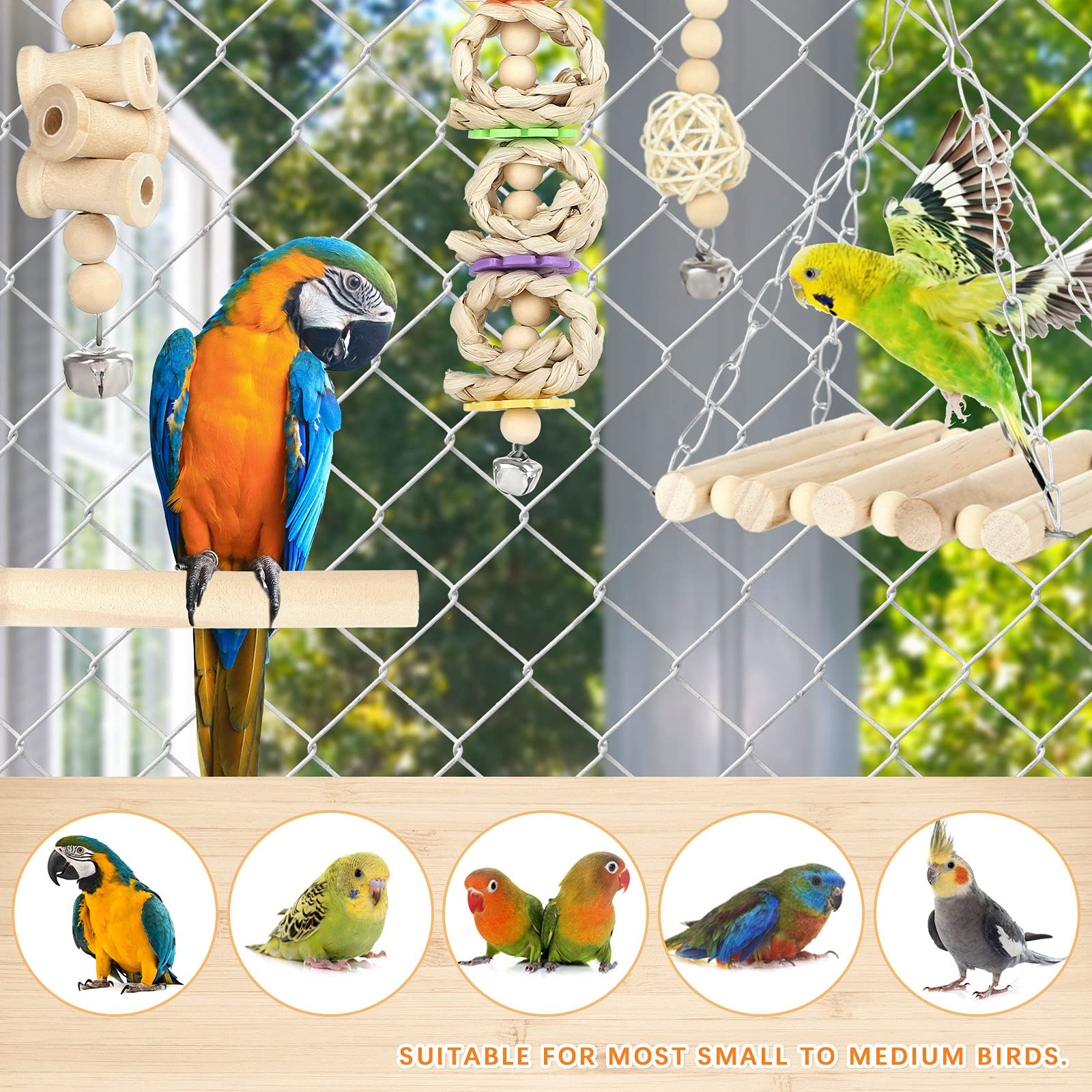8 PCS Bird Toys for Parrots - Wooden Chewing Hanging Swing & Standing Toys for Parakeets, Cockatiels, Conures & Budgies - Cage Accessories for Play, Exercise & Mental Stimulation