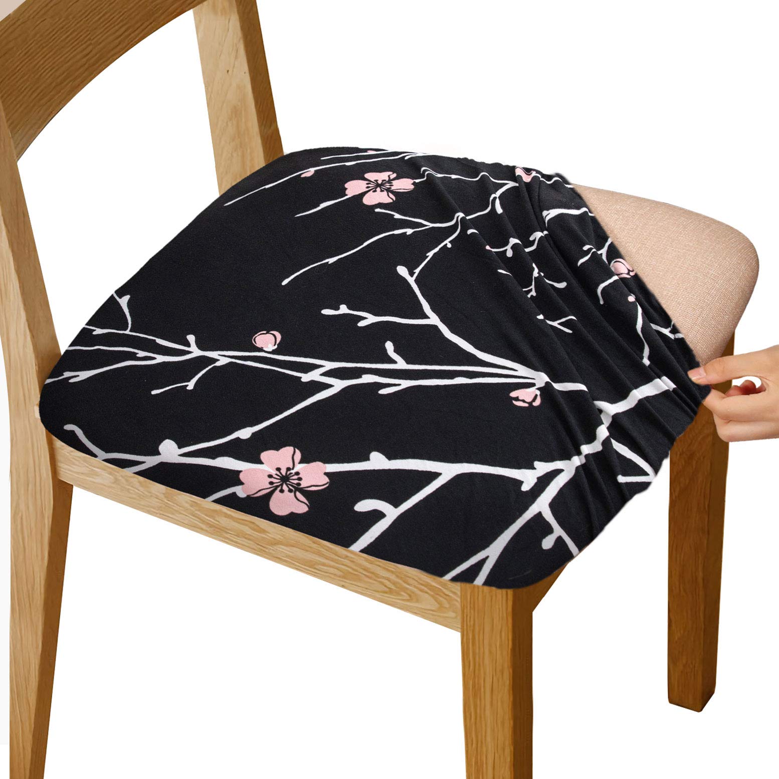 Stretch Printed Chair Seat Covers with Elastic Ties & Buttons - Washable Removable Dining Chair Protector Slipcovers for Office, Kitchen, Living Room - Black (Set of 2) - Perfect for Home Decor & Furniture Protection